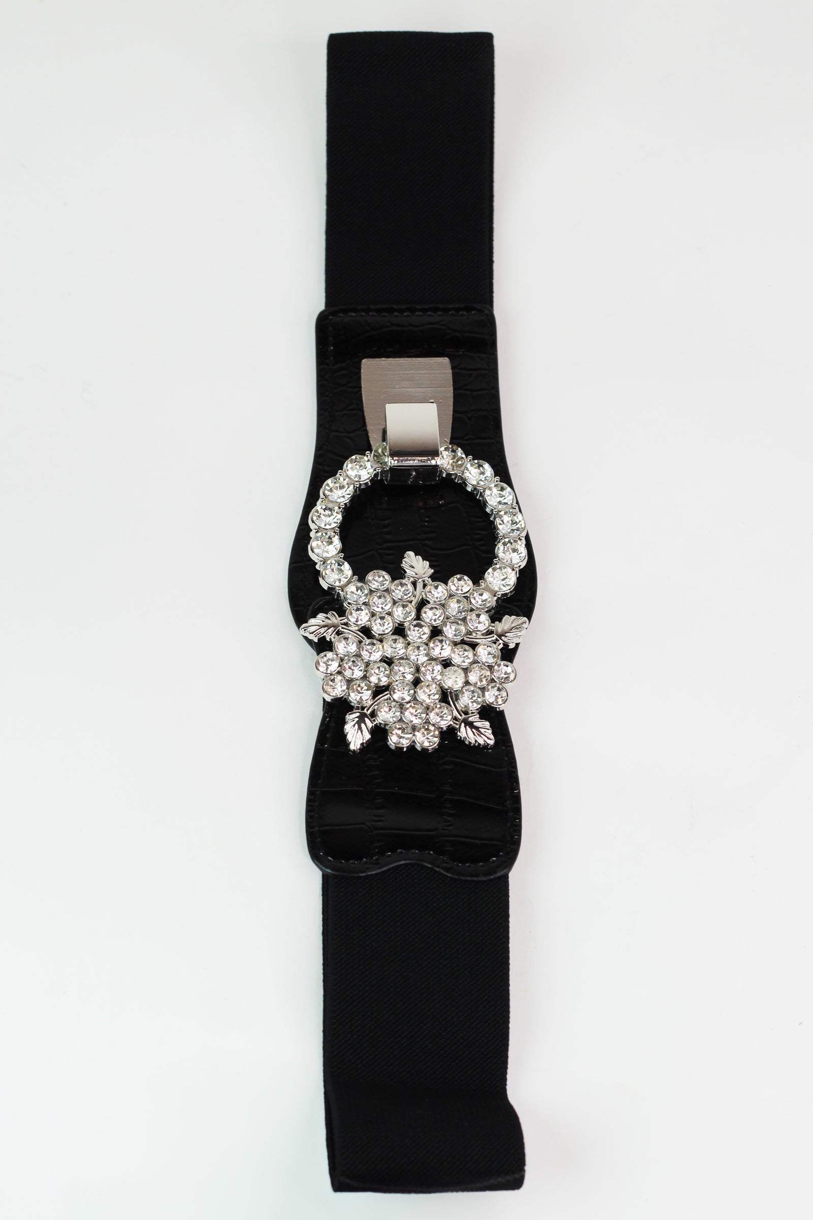 Chunky Rhinestone Flower Vines & Loop Faux Leather & Elastic Belt