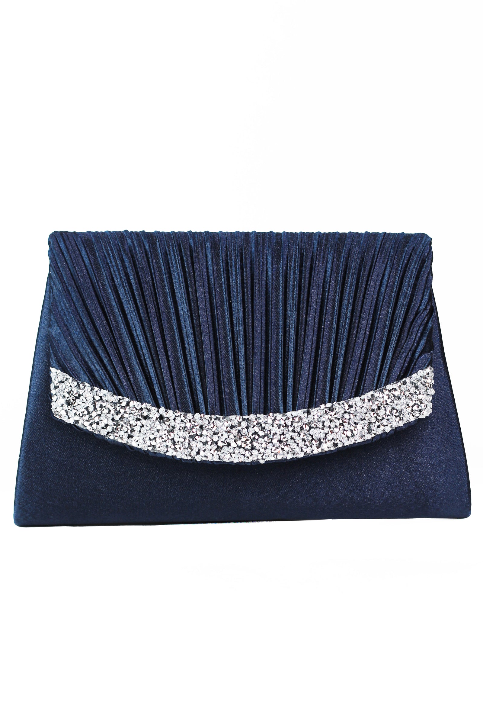 Satin Pleated Envelope Clutch w/ Rhinestone Trim
