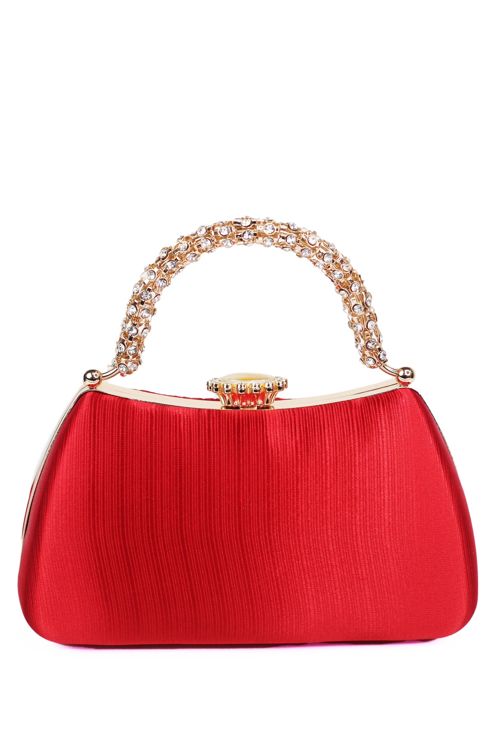 Pleated Satin Clutch w/ Rhinestone Handle & Closure