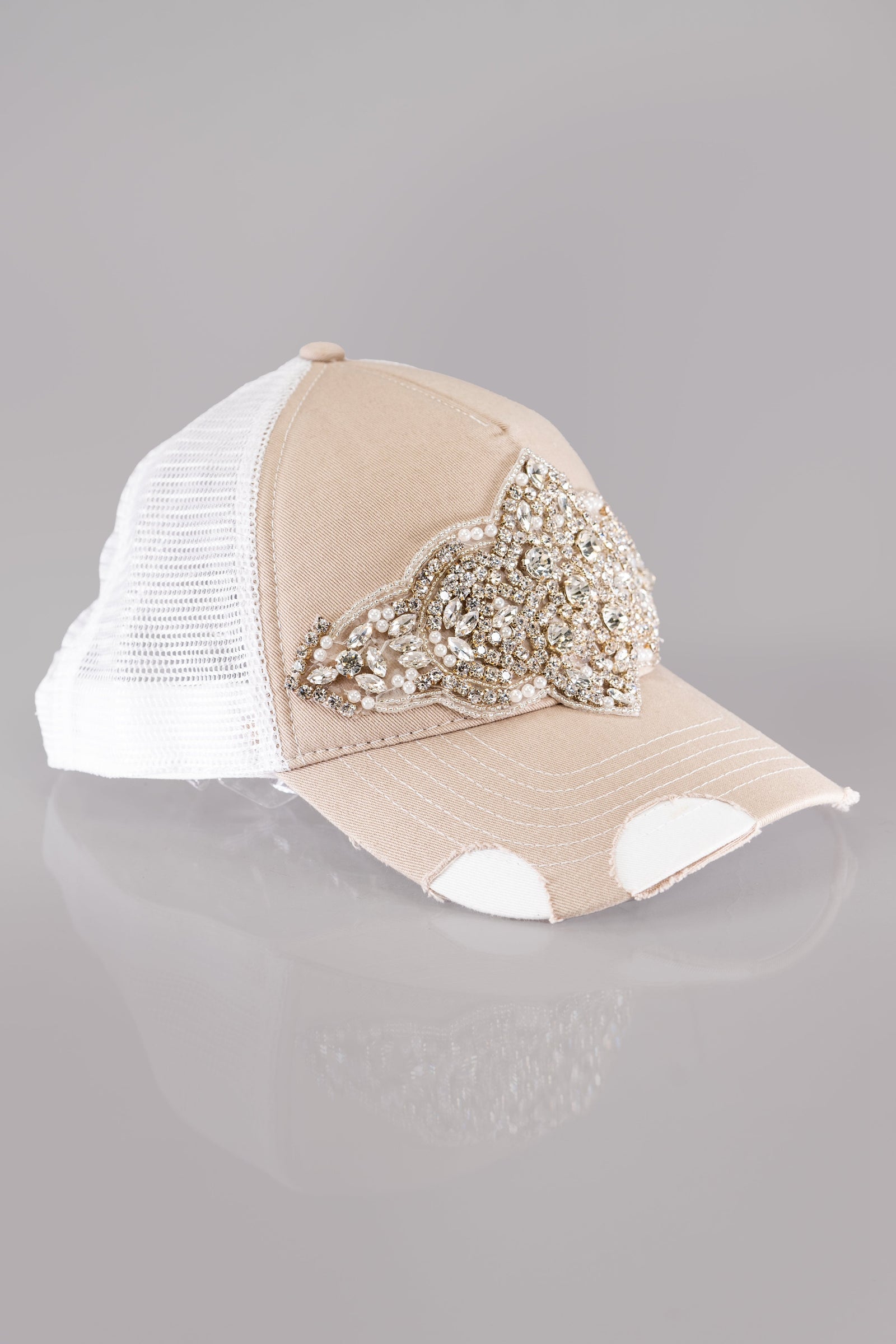 Rhinestone and Pearl Embellished Baseball Hat