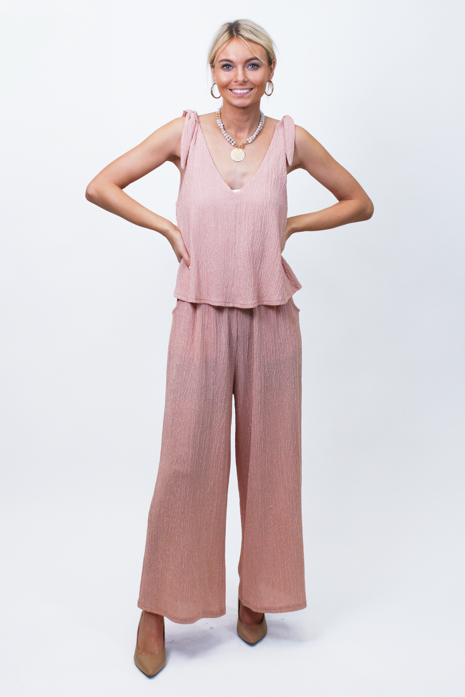 Crinkle Knit V-Neck Sleeveless Jumpsuit w/ Shoulder Ties