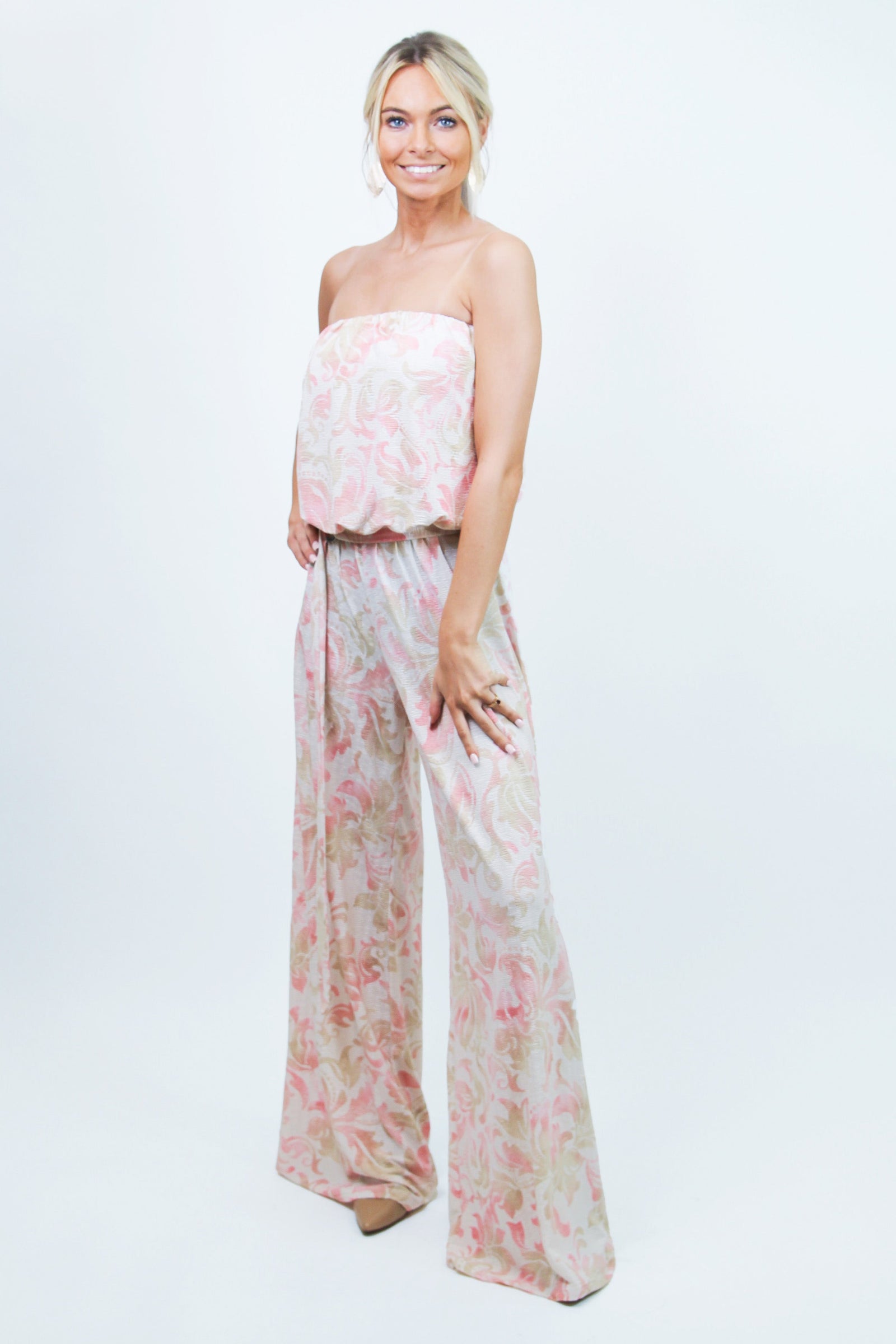 Strapless Textured Floral Wide Leg Jumpsuit w/ Belt (SALE)