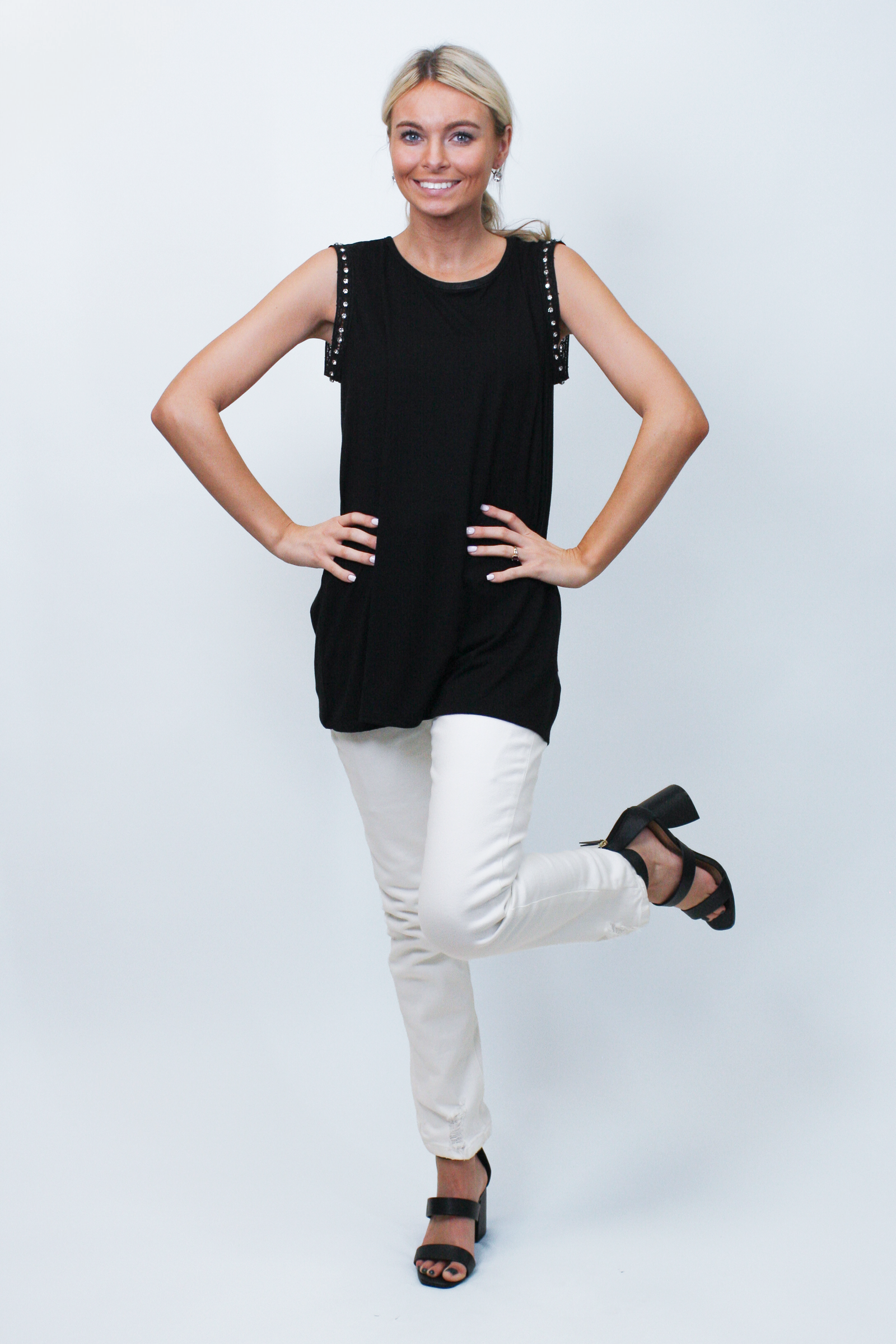 Sleeveless Top w/ Lace & Rhinestone Armhole Trim