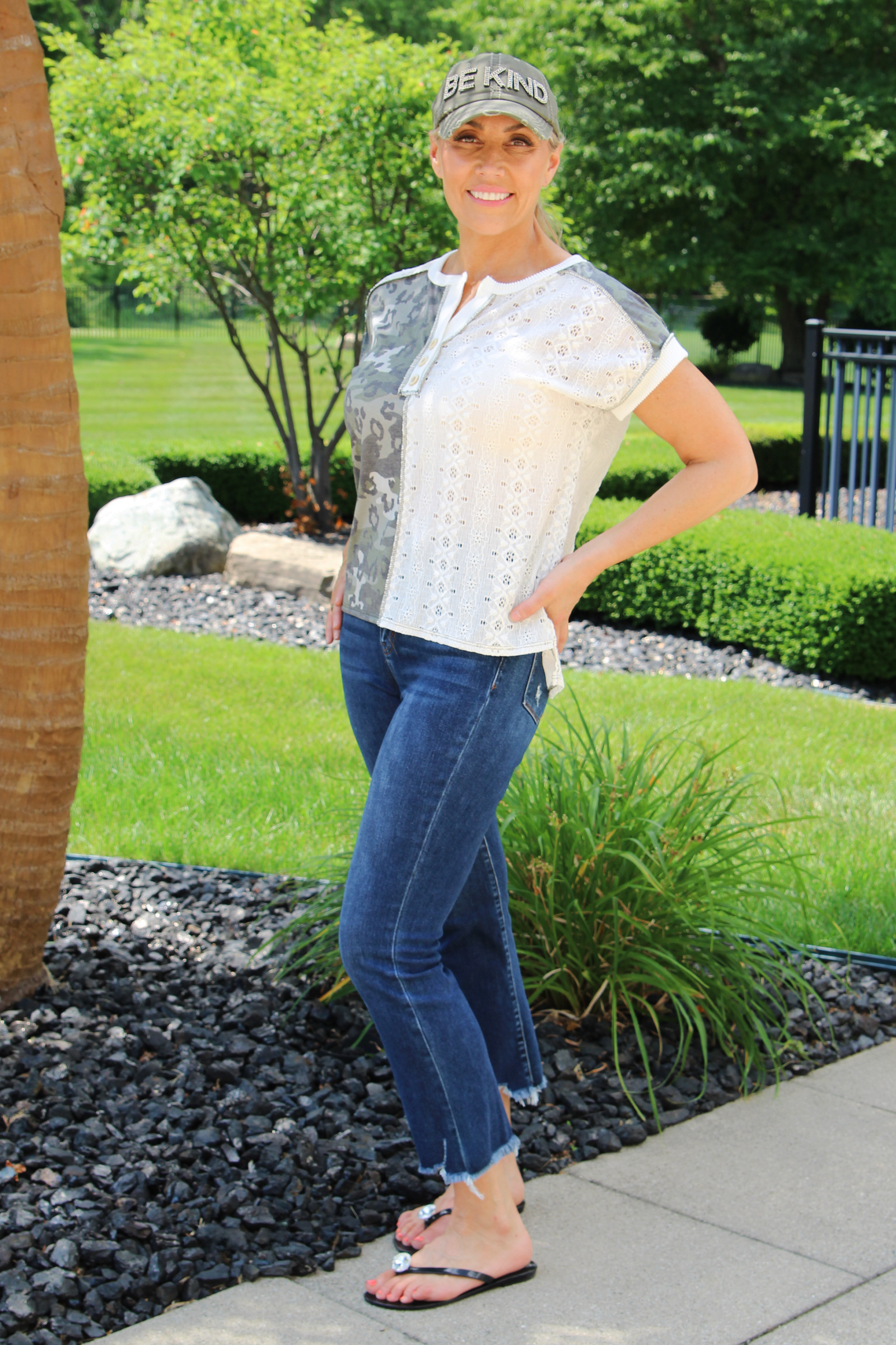 Leopard Camo Button Front Short Sleeve Top