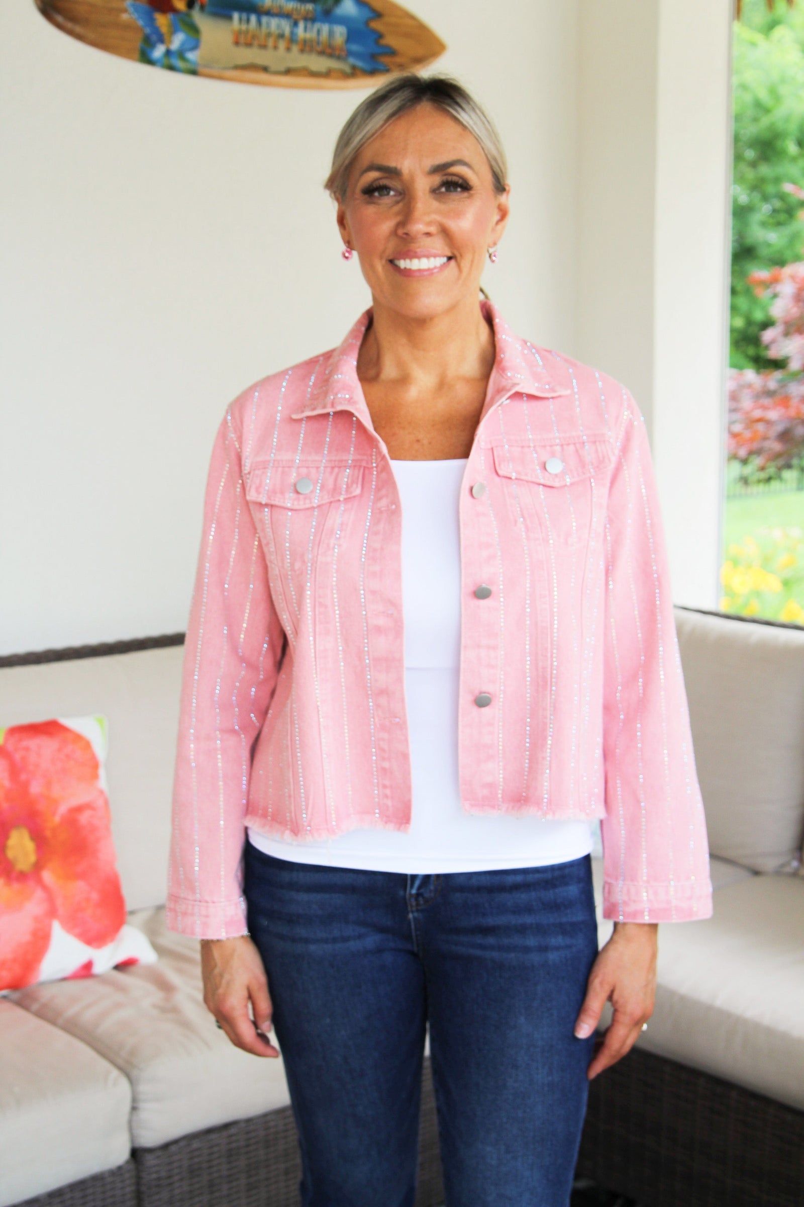 Denim Jacket w/ Rhinestone Stripe Detail