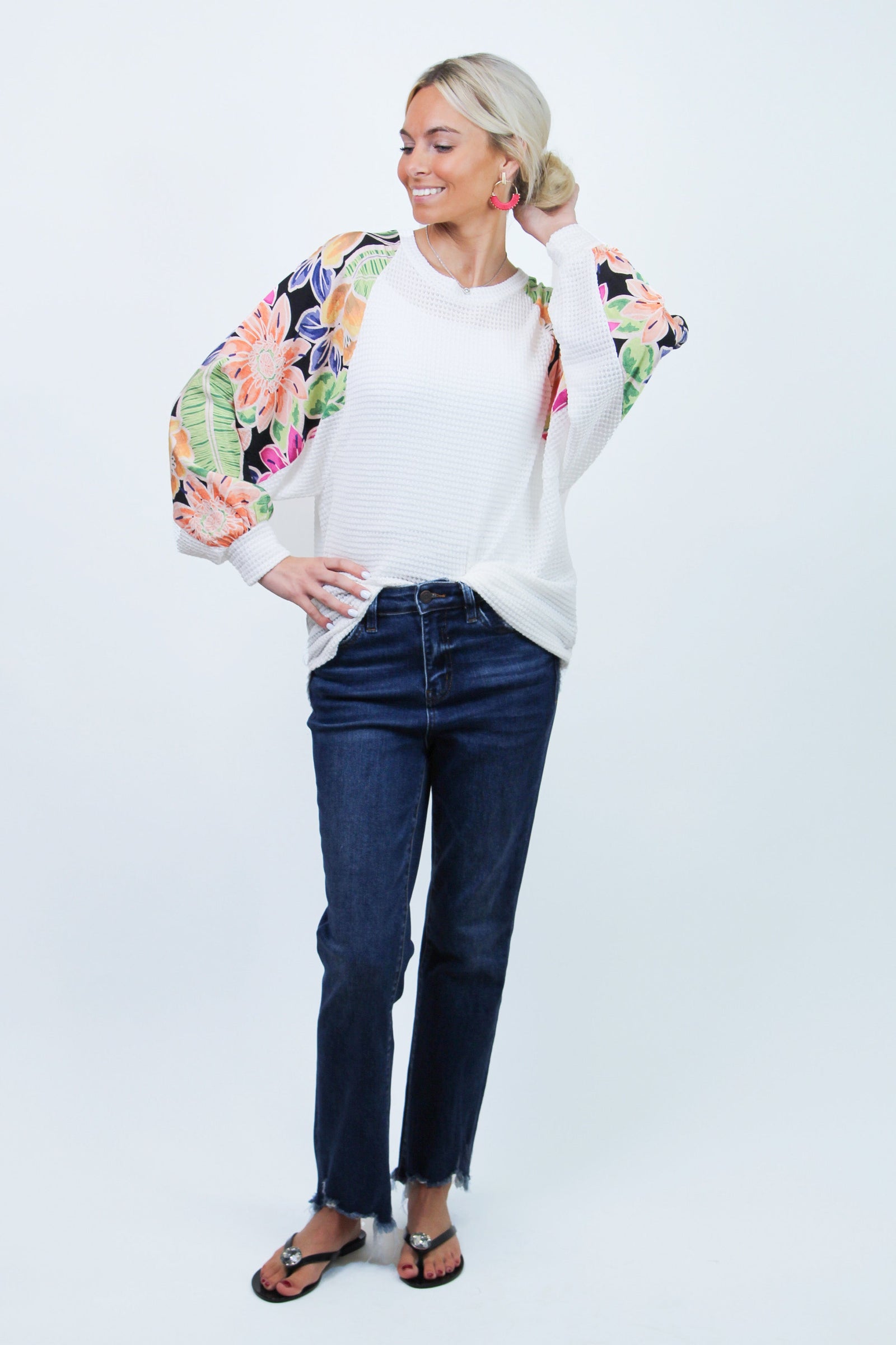 Thermal Knit Top w/ Long Floral Print Sleeves