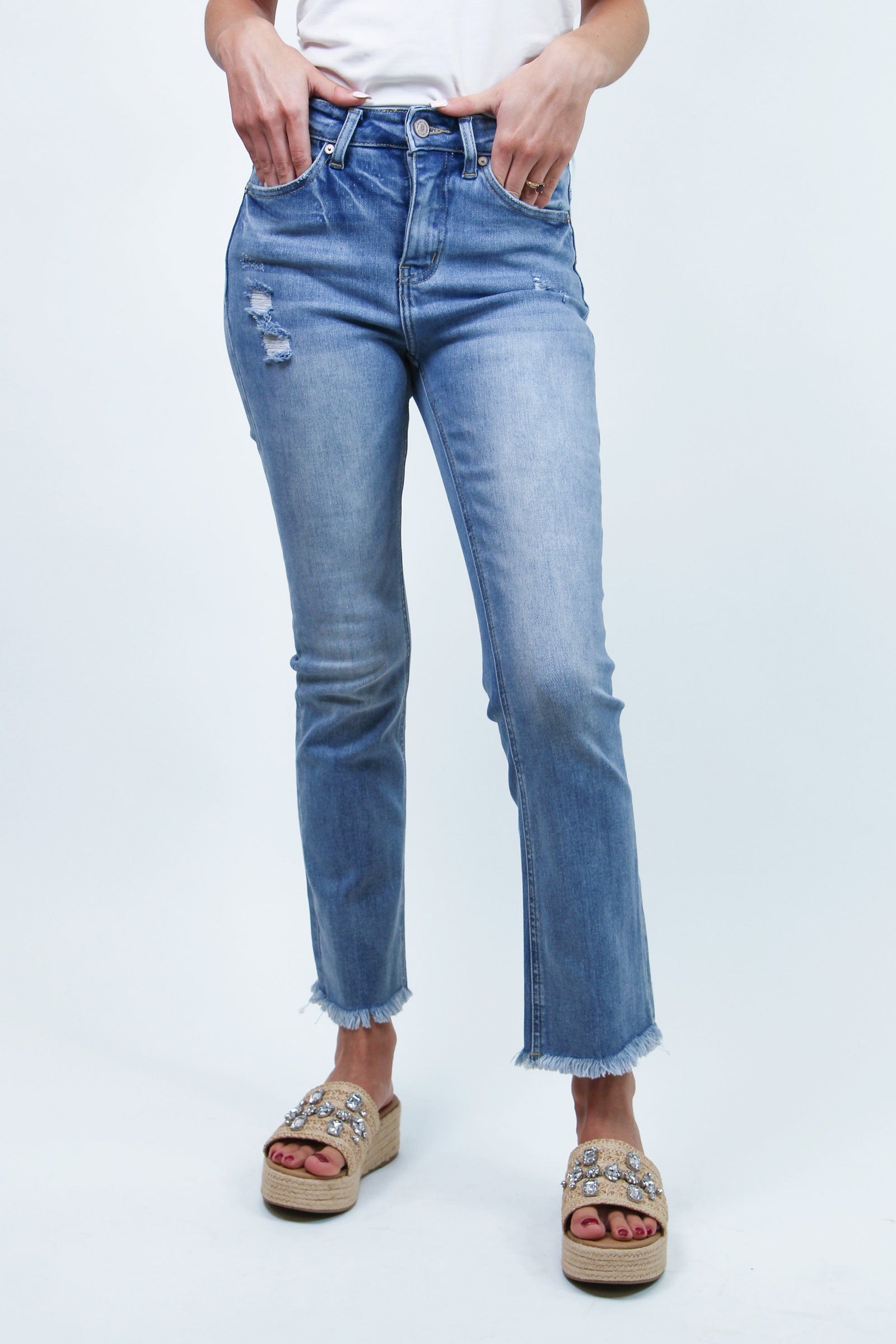 High Rise Distressed Straight Raw Hem Cropped Jeans
