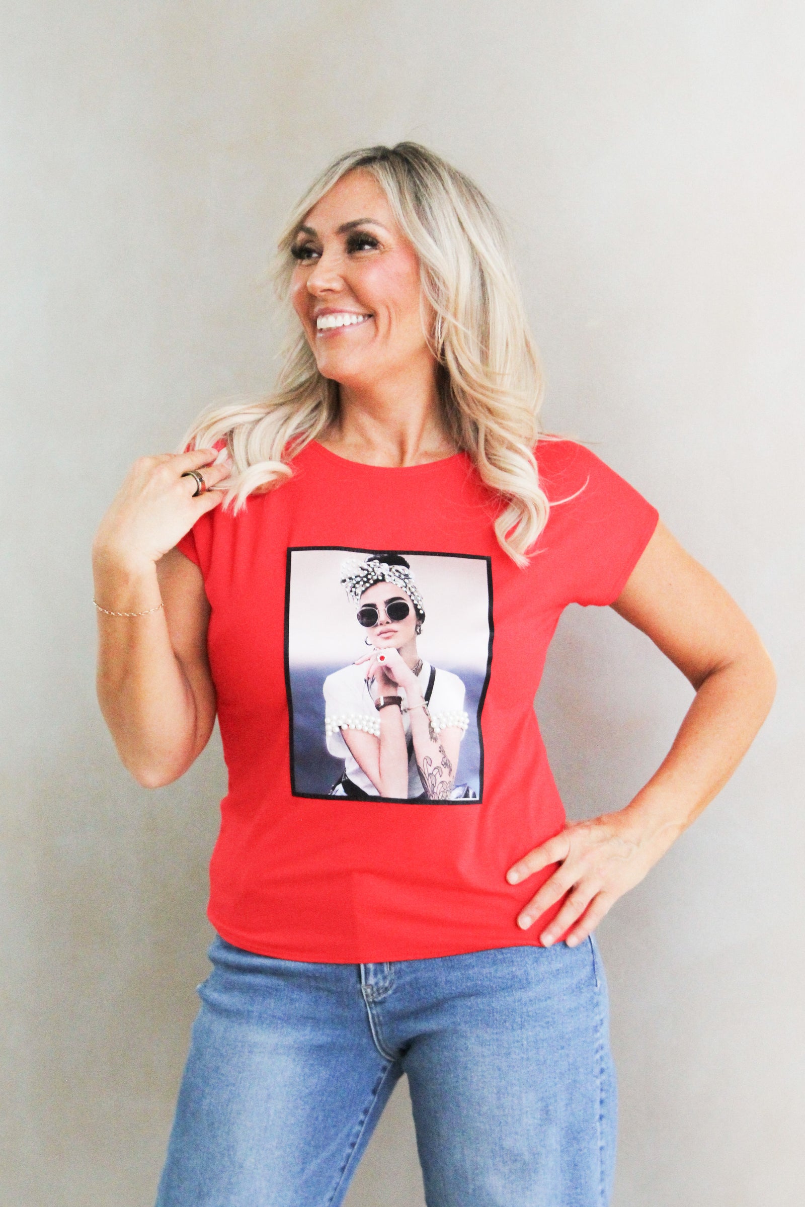 "Lady Posing in Sunglasses" Rhinestone & Pearl Statement Tee