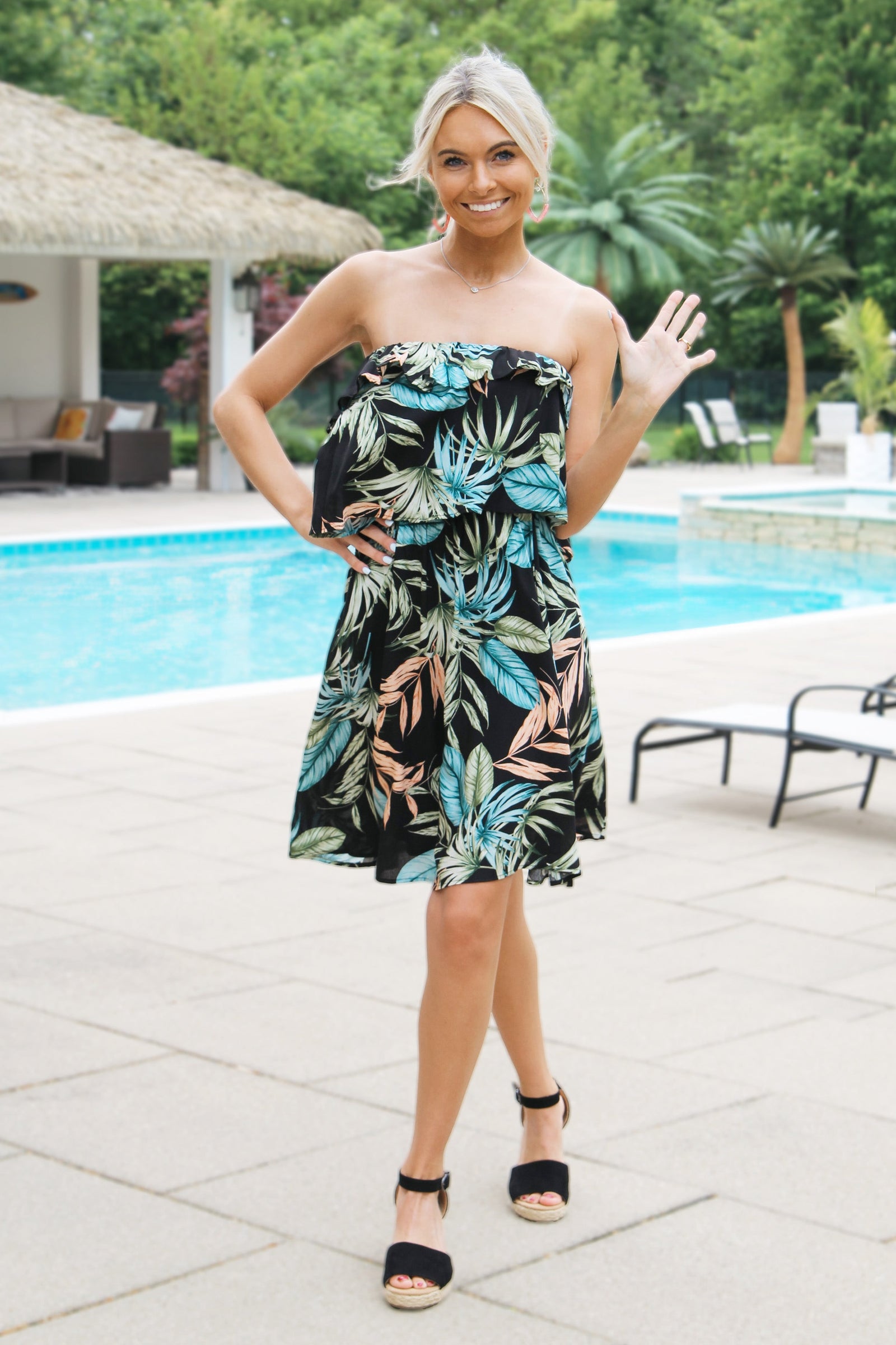 Tropical Print Strapless Flounce Dress(SALE)