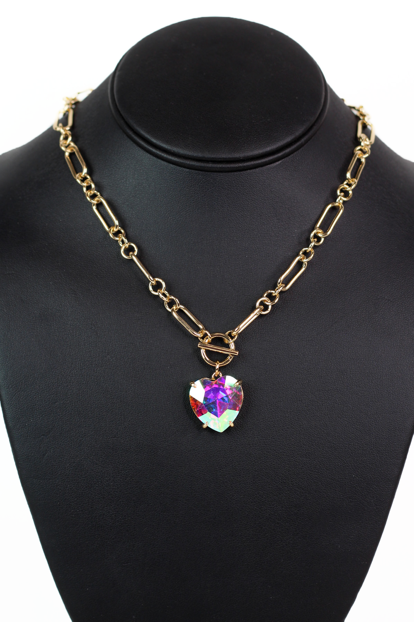 Chain Link Necklace w/ Large Rhinestone Heart Center