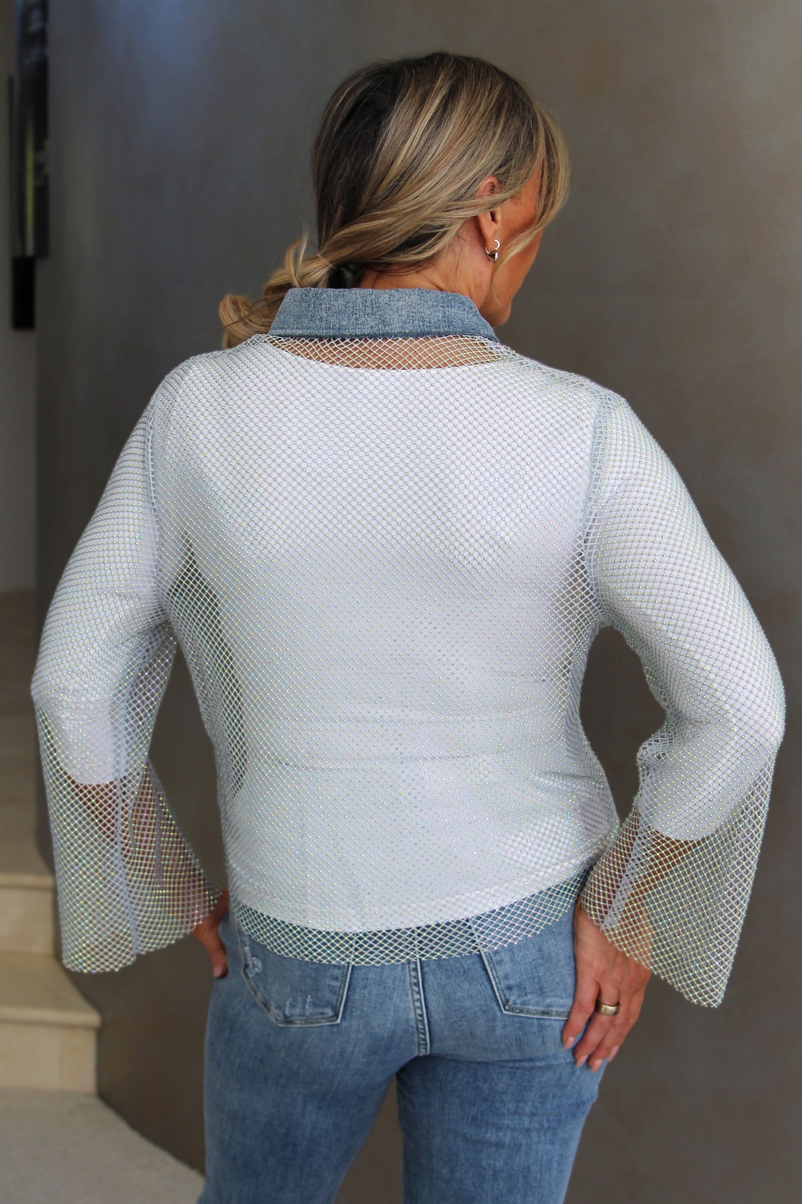 Sheer Mesh & Rhinestone Shirt w/ Denim Trim