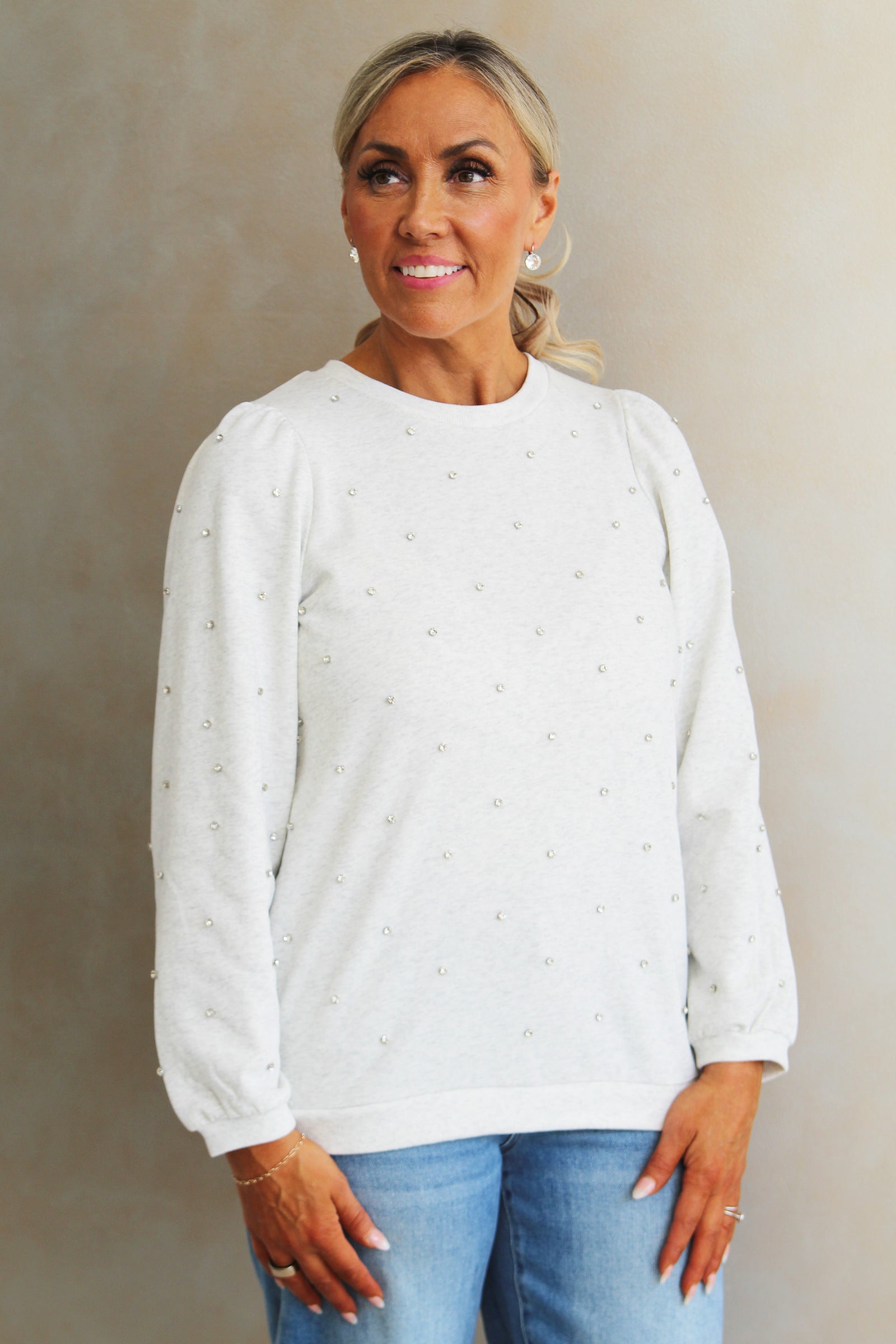 Rhinestone Studded Puffed Long Sleeve Sweatshirt