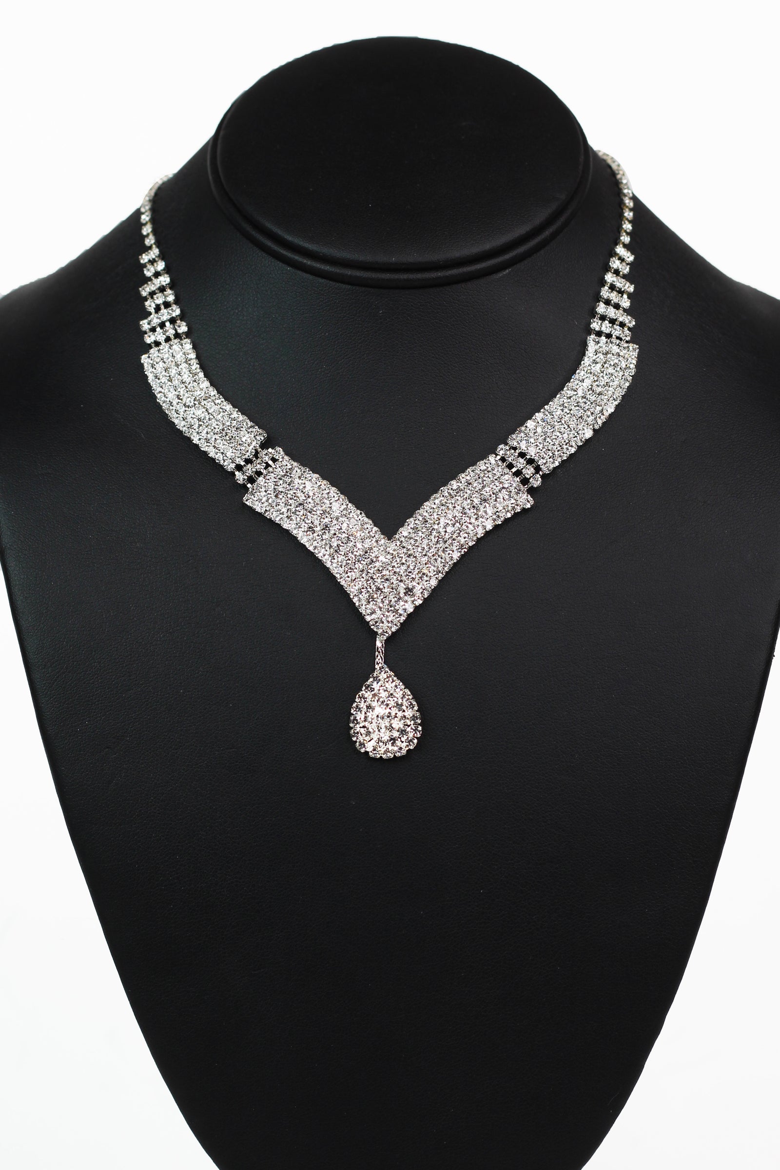 All Pave Rhinestone Rows Necklace w/ Dangling Pave Teardrop - Glitz & Ears Boutique
