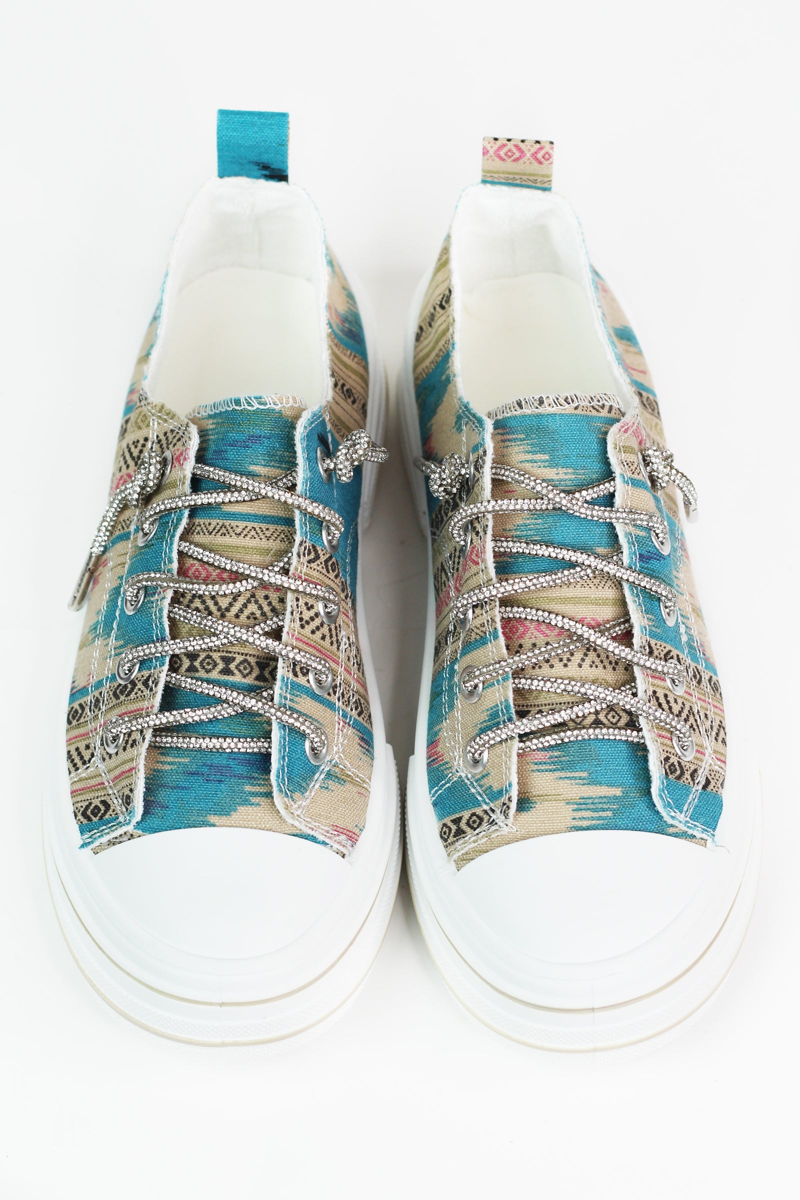 Aztec Print Canvas Sneakers w/ Rhinestone Shoe Laces