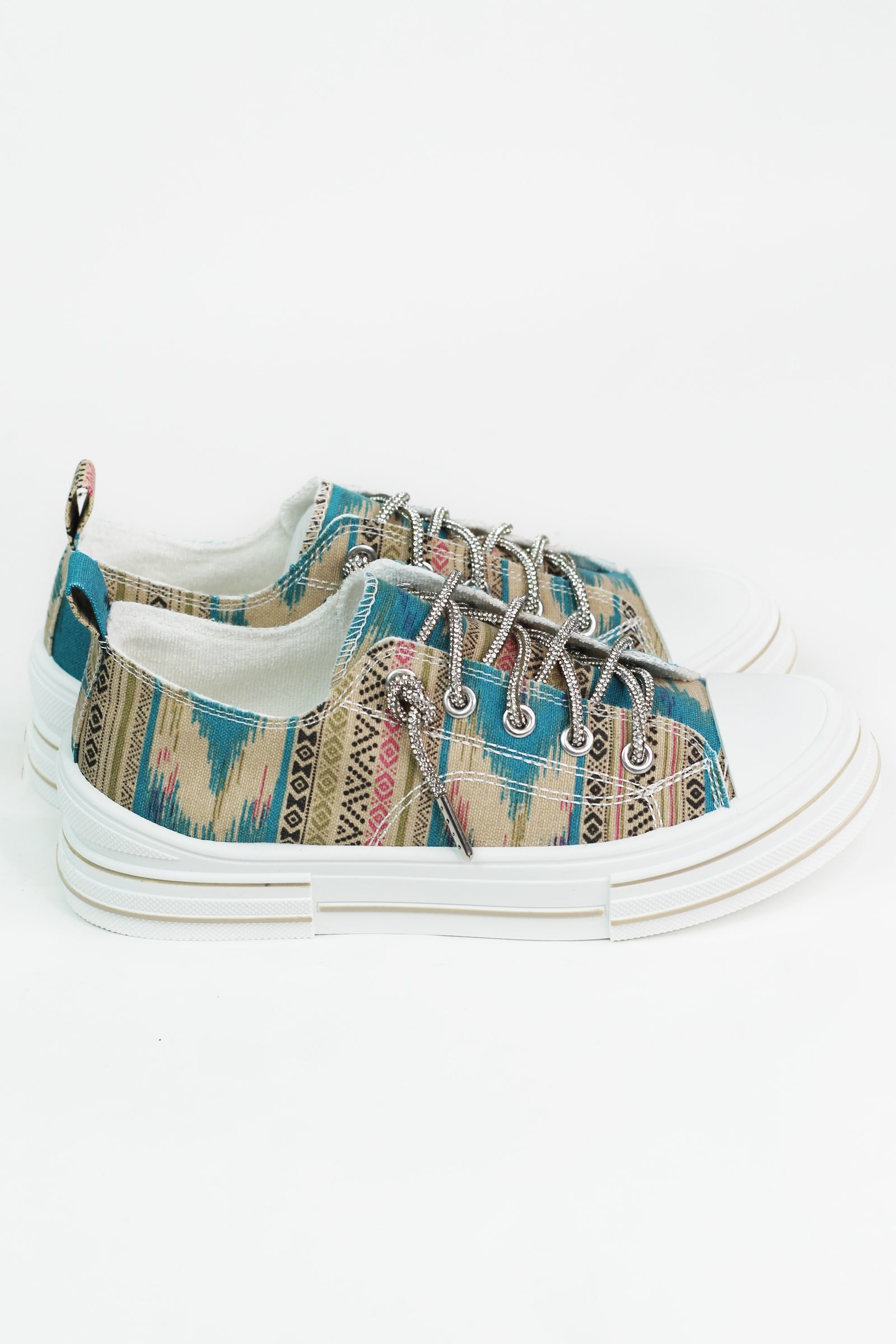 Aztec Print Canvas Sneakers w/ Rhinestone Shoe Laces