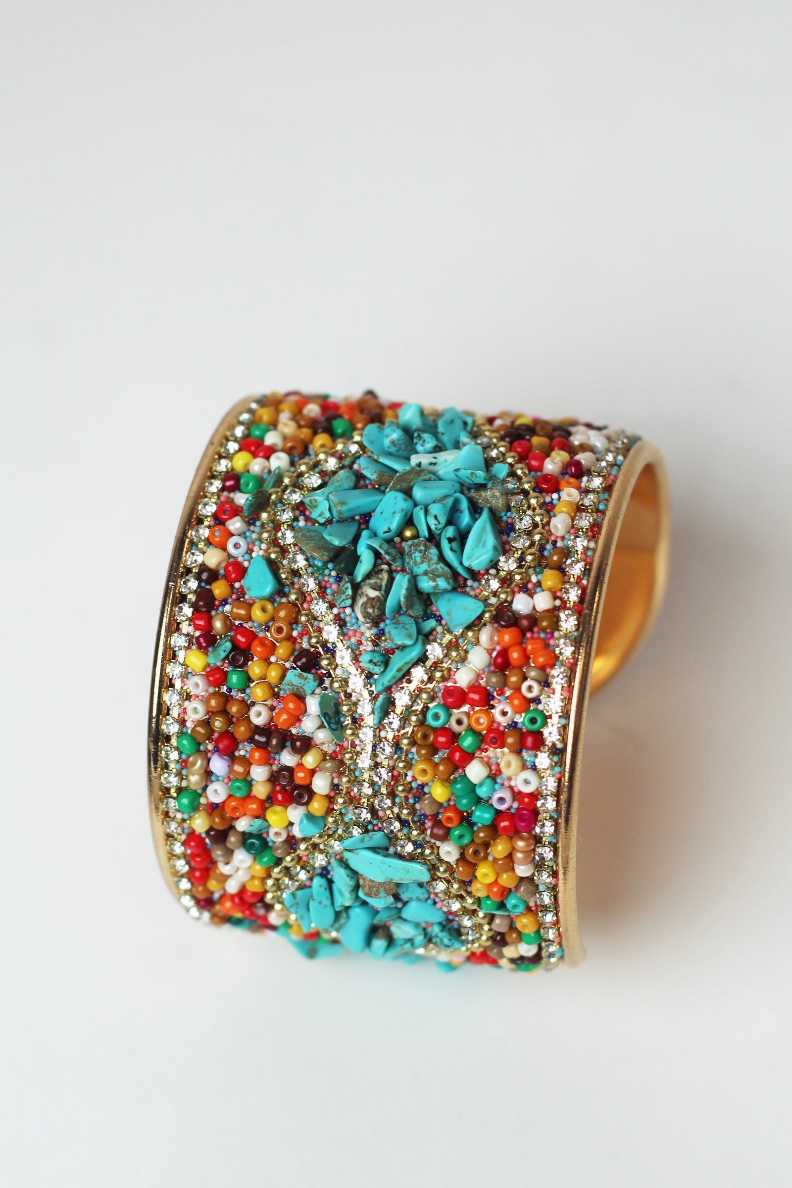 Multicolor Seed Beads & Wavy Pave Thick Cuff
