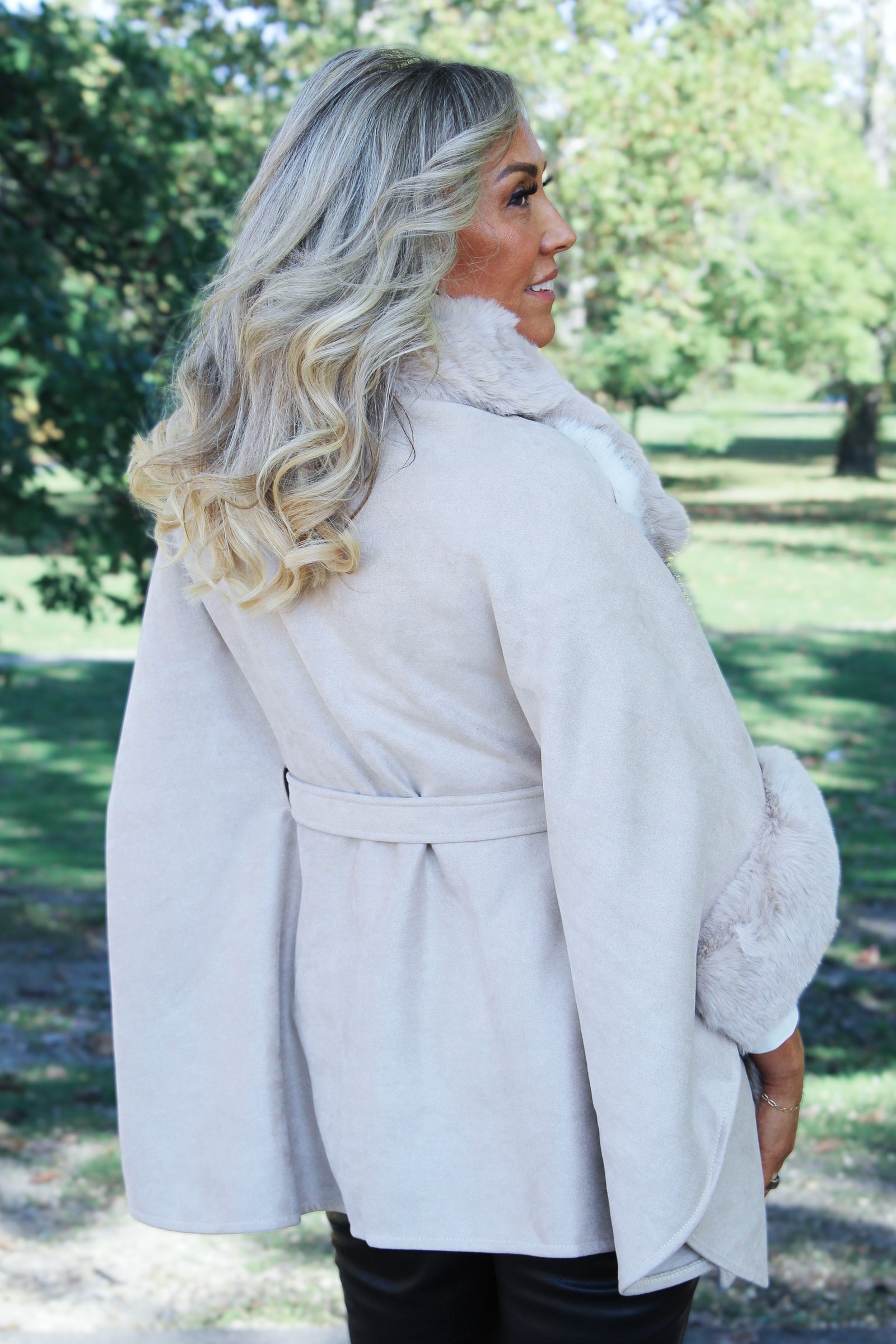 Faux Fur & Faux Suede Zip & Belted Cape