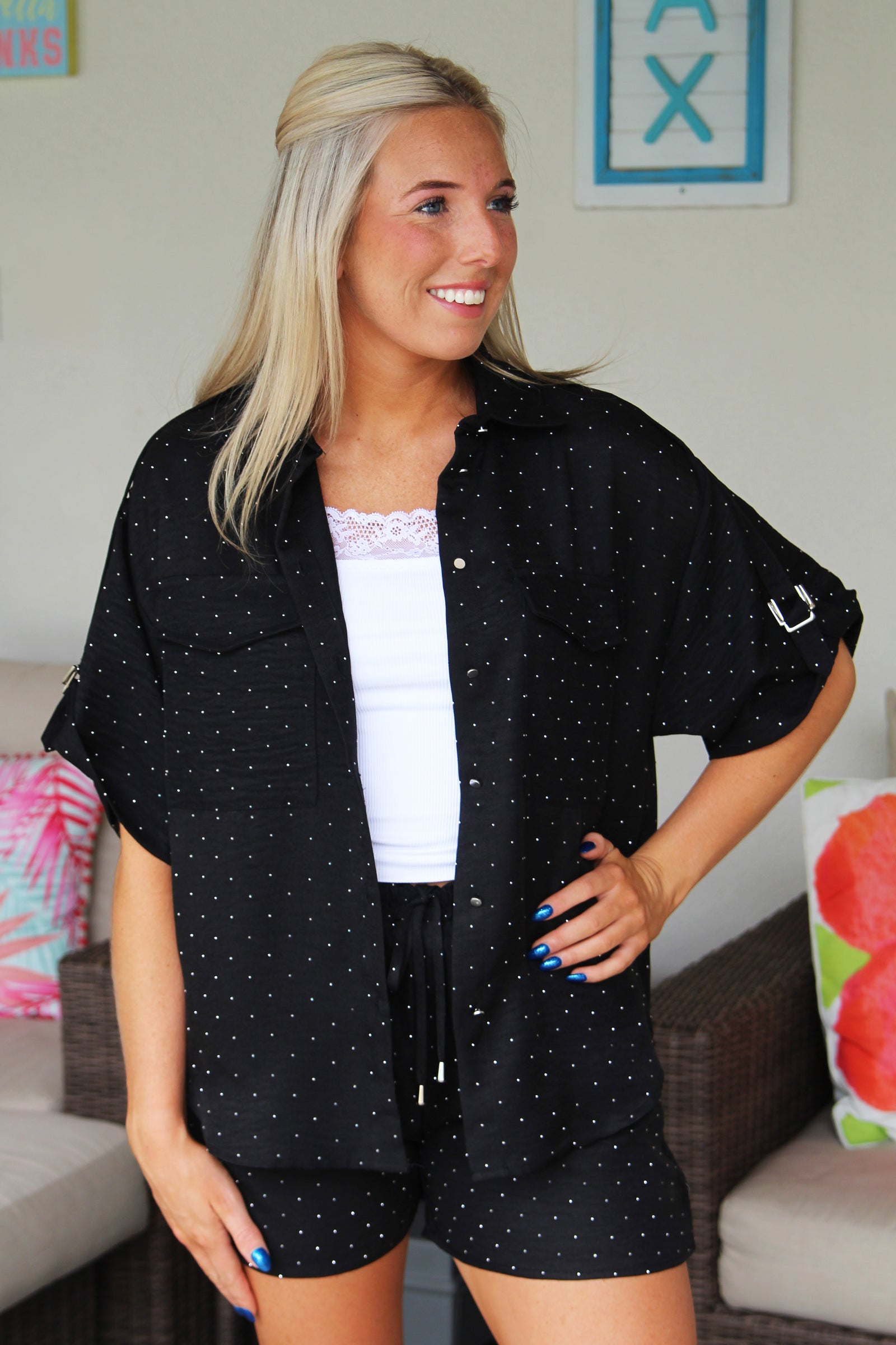Rhinestone Covered Button Down Top w/ Buckle Sleeve Tabs