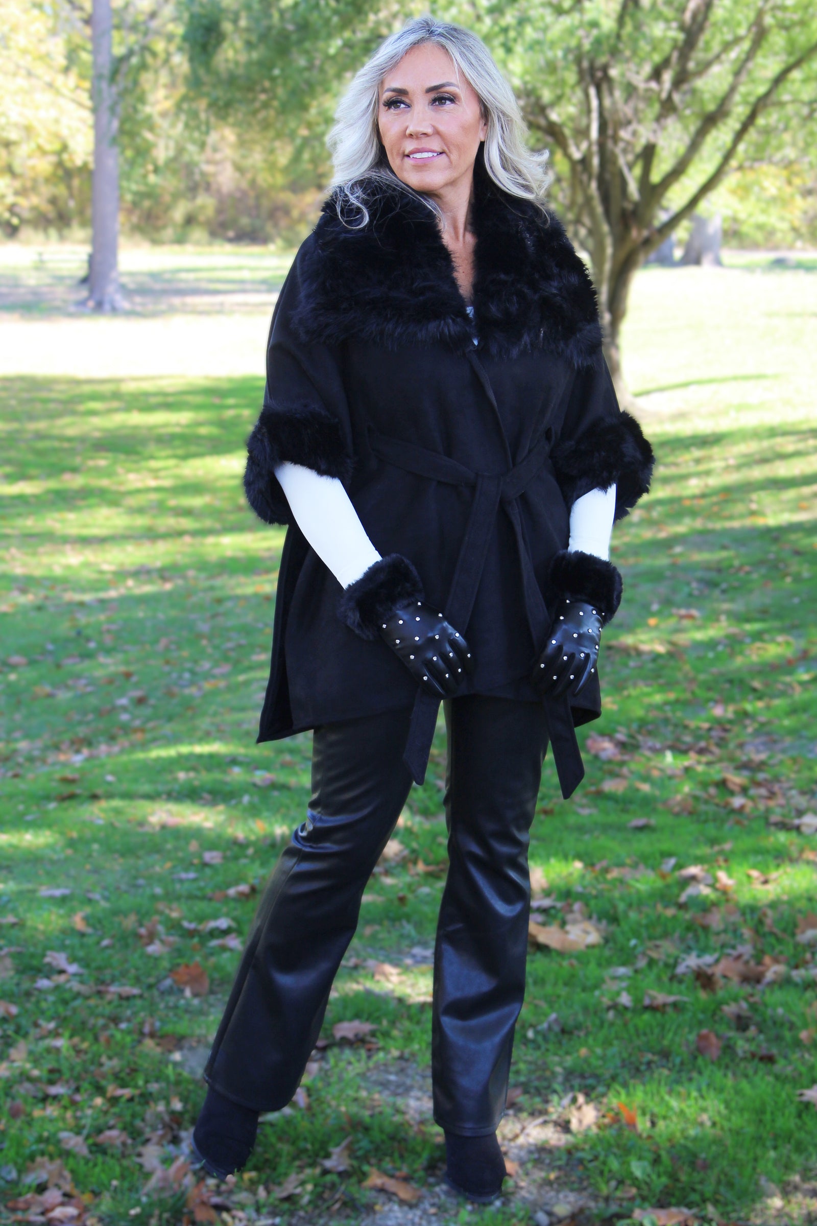 Faux Suede & Faux Fur Belted Cape w/ Wide Collar