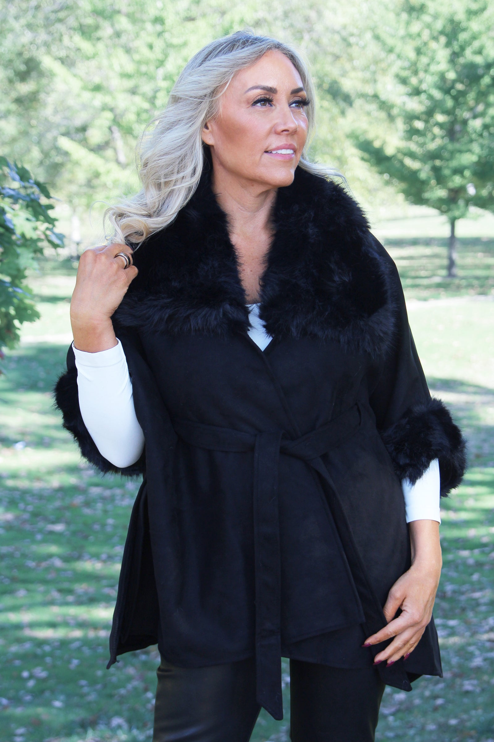 Faux Suede & Faux Fur Belted Cape w/ Wide Collar