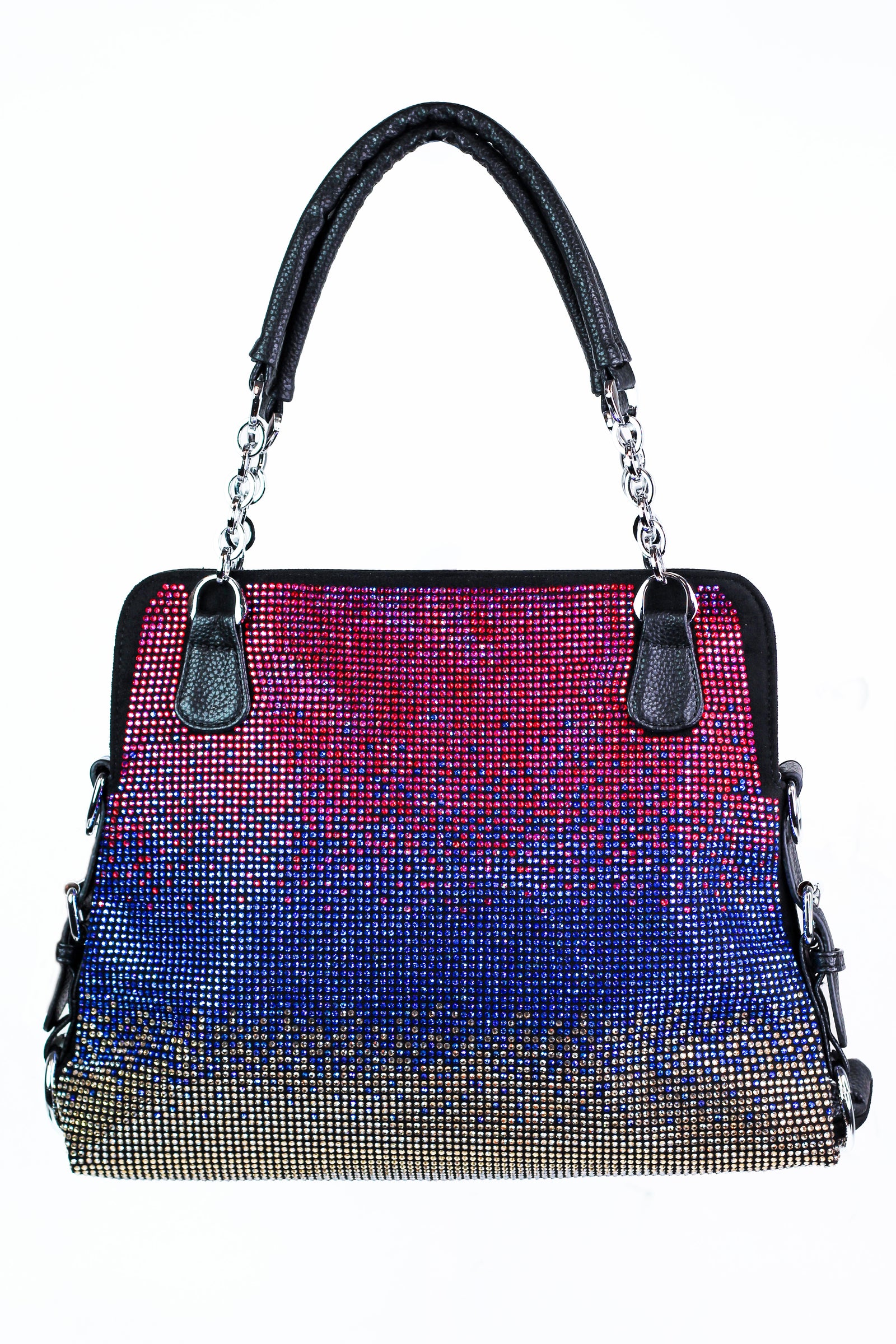 Ombre Rhinestone Front Purse w/ Side Buckles & Chain Handles