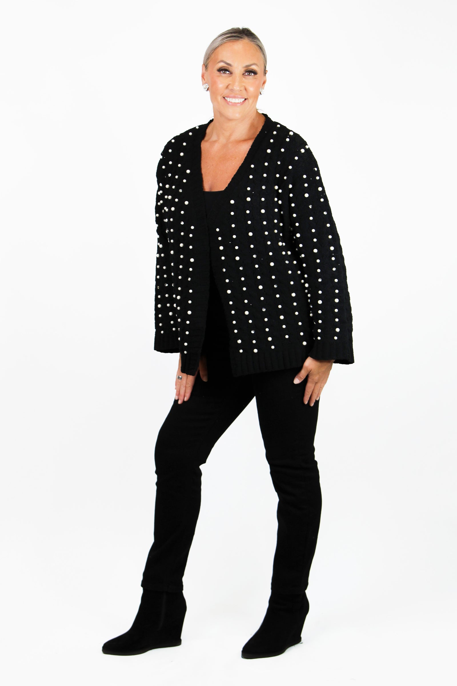 Long Sleeve Pearl & Rhinestone Accent Cardigan