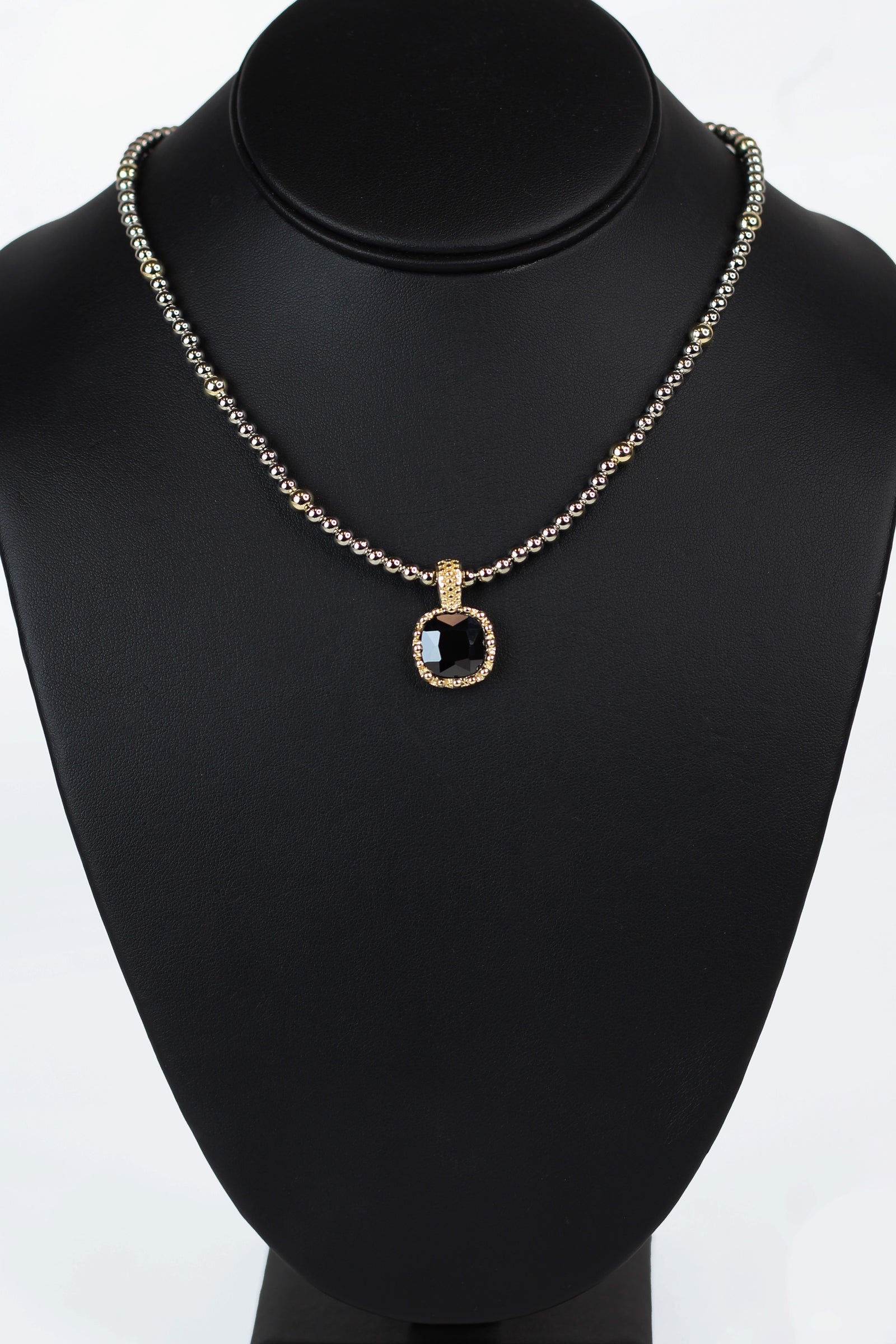 Two Toned Bead Necklace w/ Square Gemstone Pendant