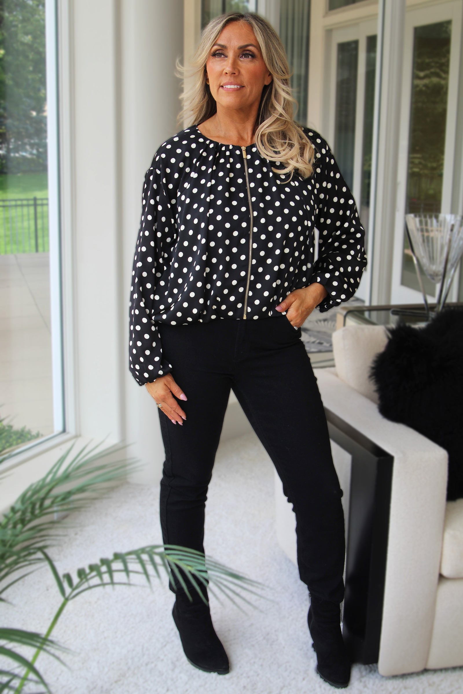 Long Sleeve Satin Polka Dot Zip Up Jacket