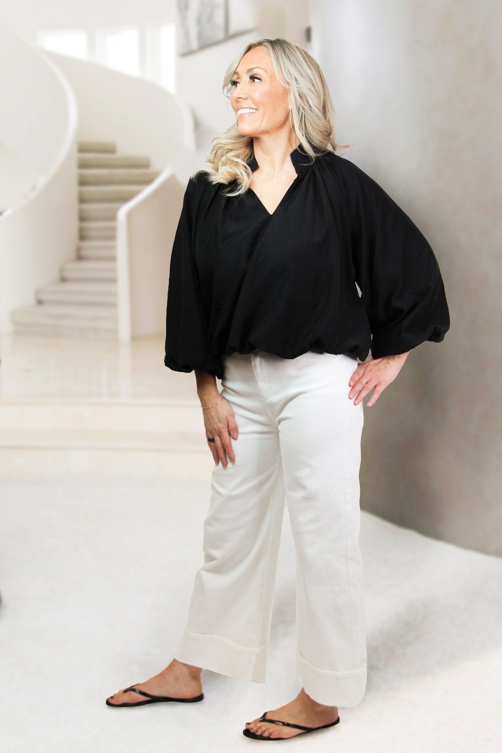 V-Neck Bubble Top w/ Collar and Loose 3/4 Sleeves - Glitz & Ears Boutique