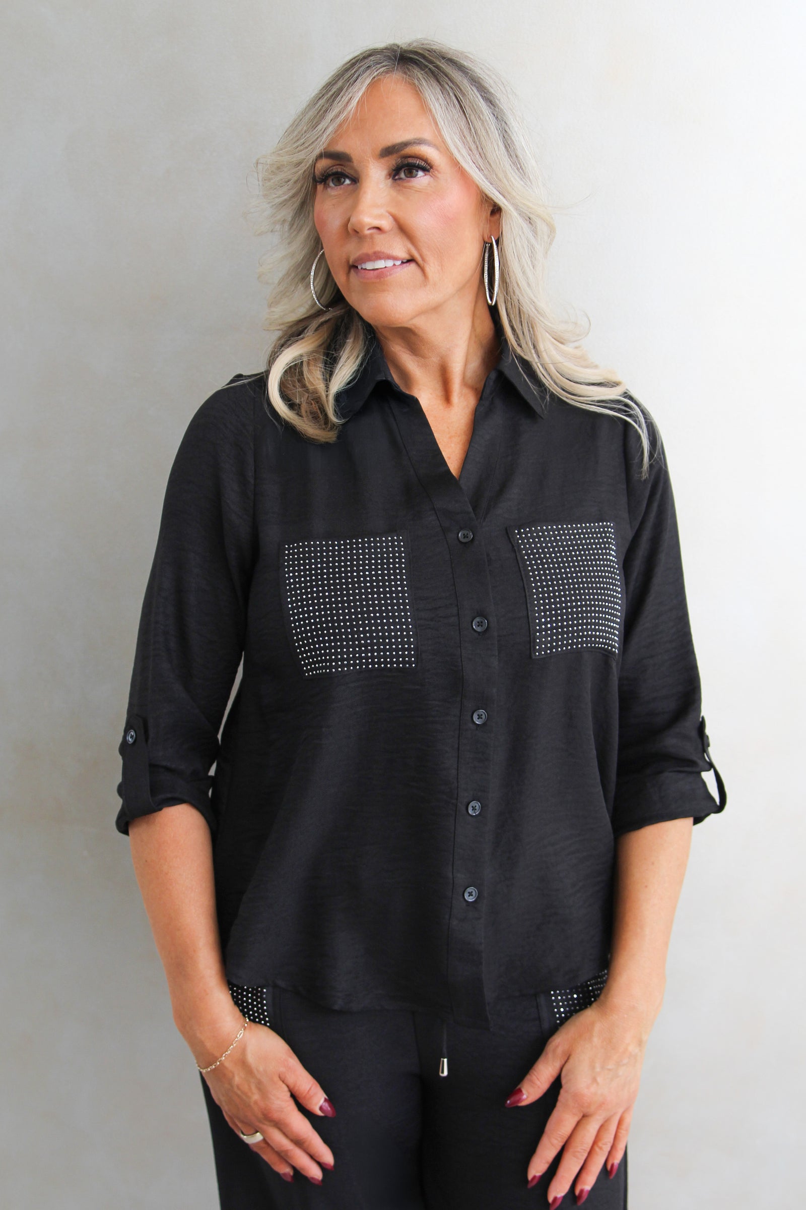 Button Down Shirt w/ Rhinestone Pockets
