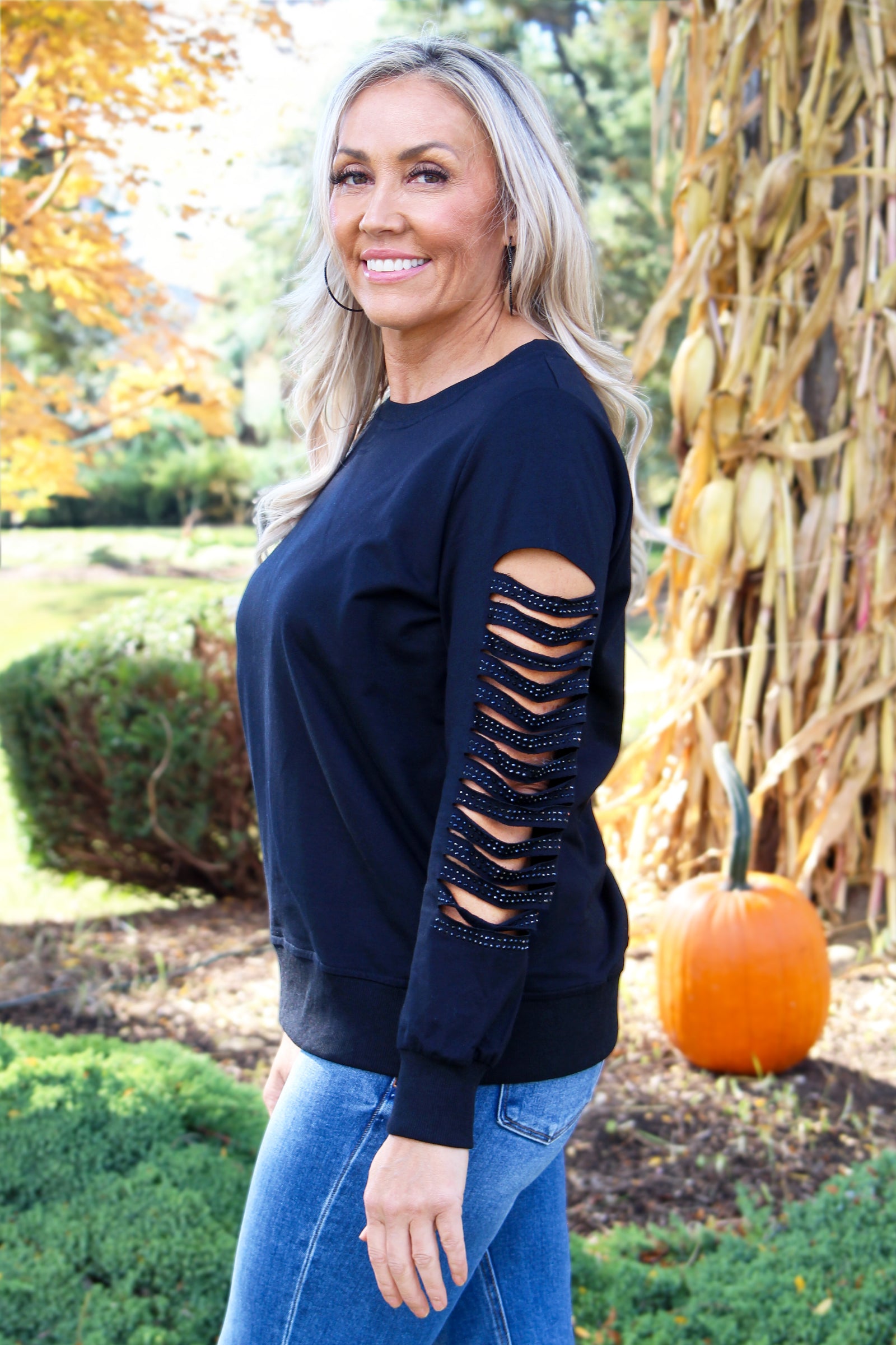 French Terry Sweatshirt w/ Rhinestone Embellished Sleeve Slits