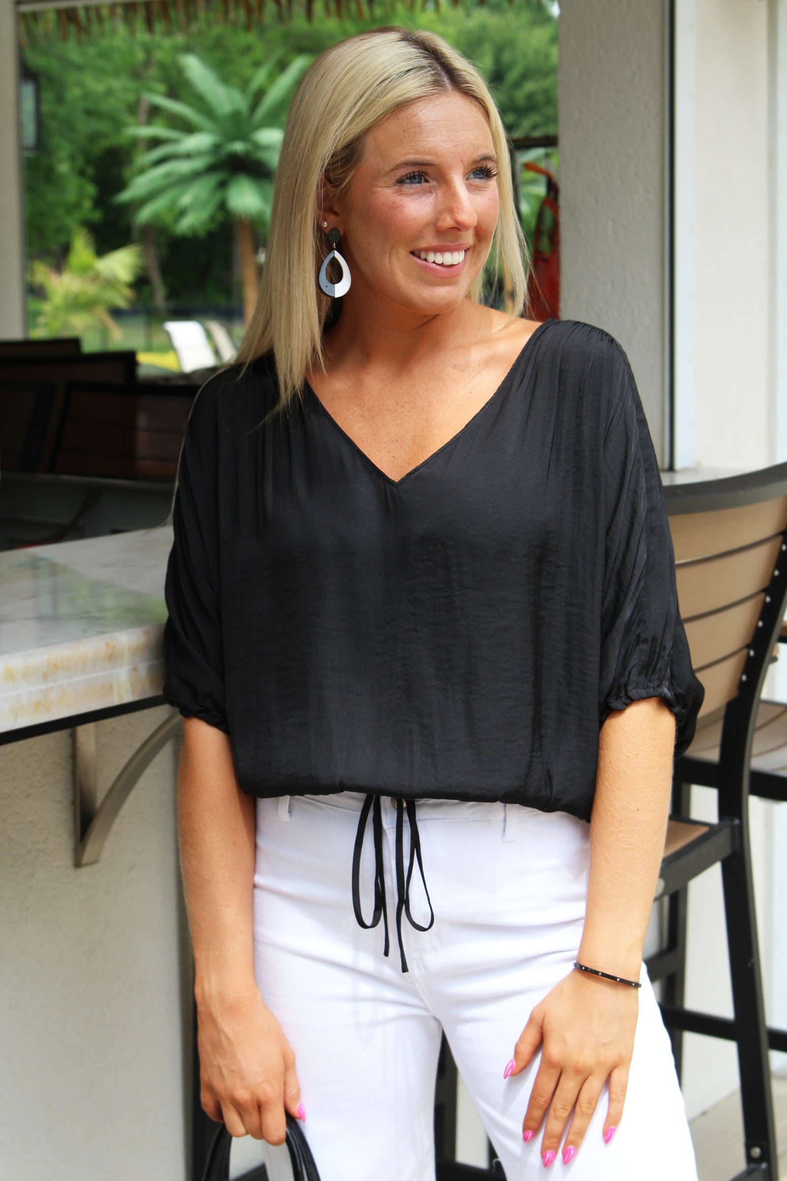 V-Neck Front & Back Cropped Drawstring Top
