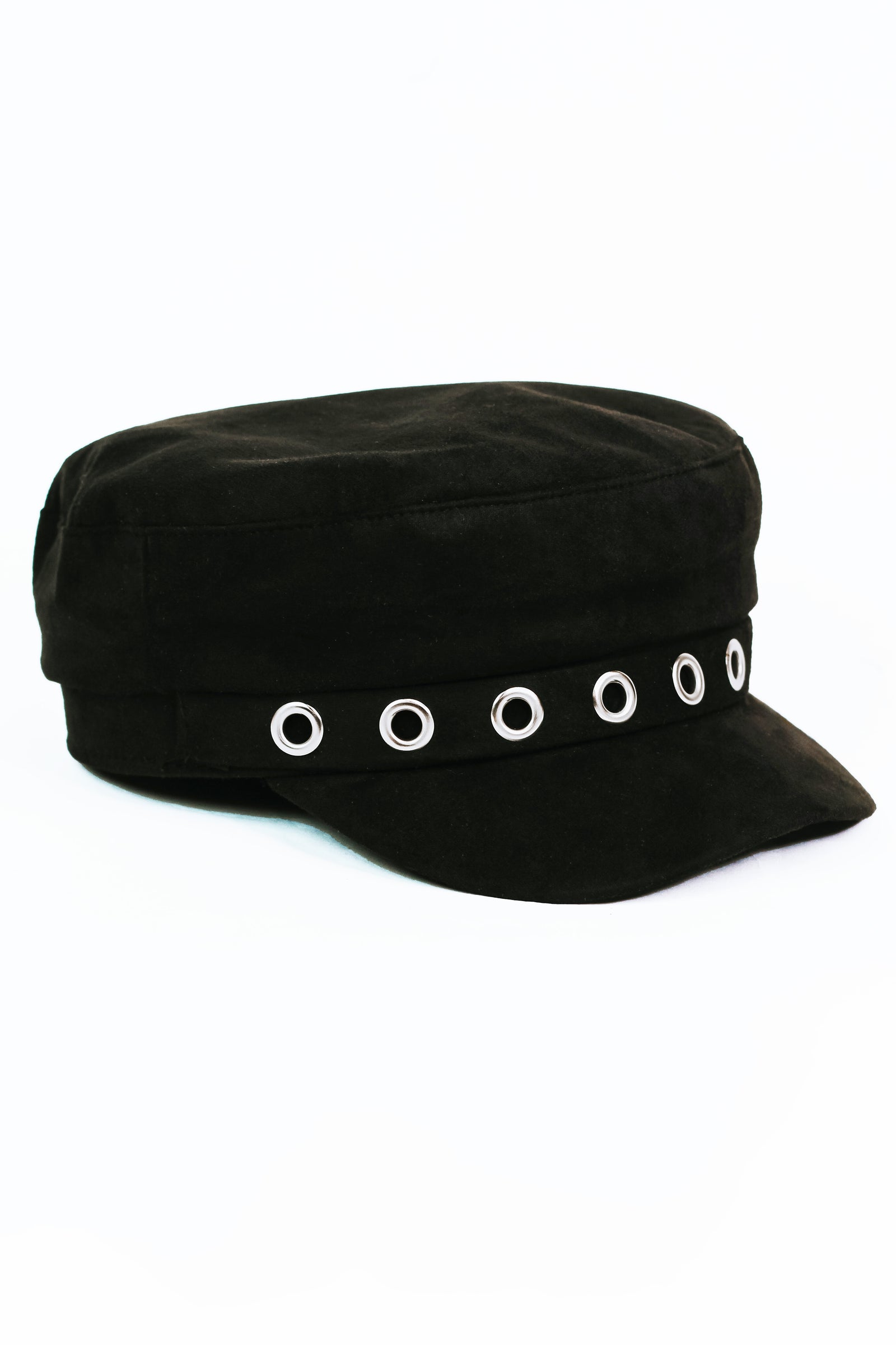 Faux Suede Military Cap w/ Eyelet Accents