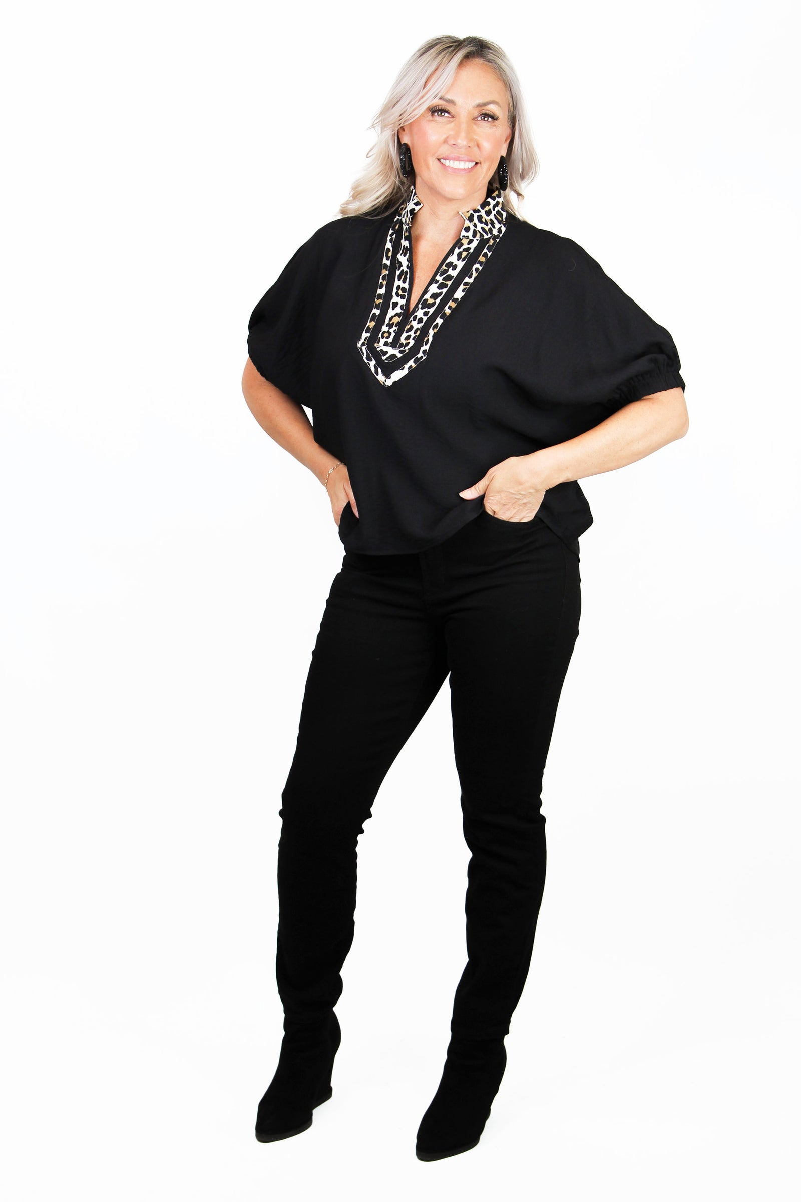 Oversized Top w/ Elastic Sleeves and Leopard Print Neck Trim