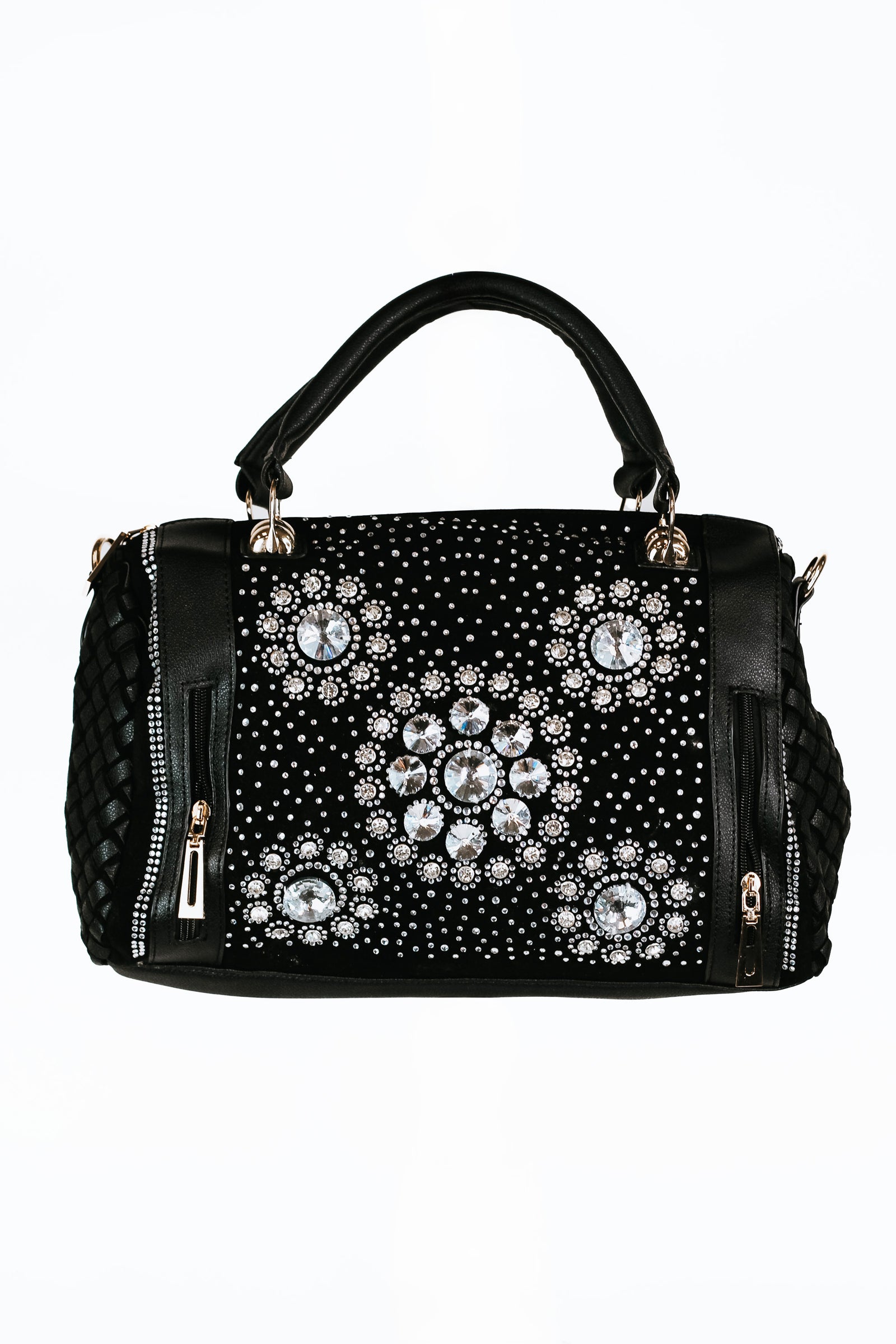 Multi Sized Rhinestone Floral Design w/ Side Weaving Gold Hardware Handbag