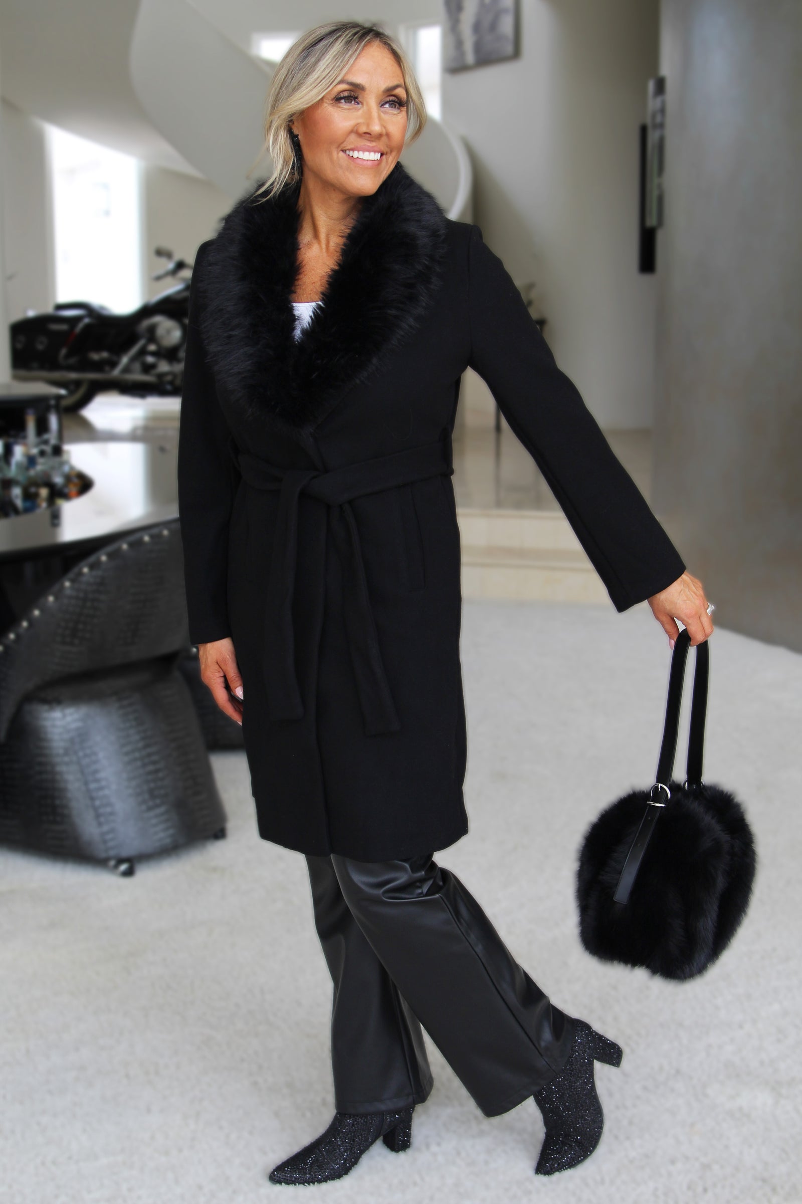 Belted Unlined Coat w/ Detachable Fur Collar