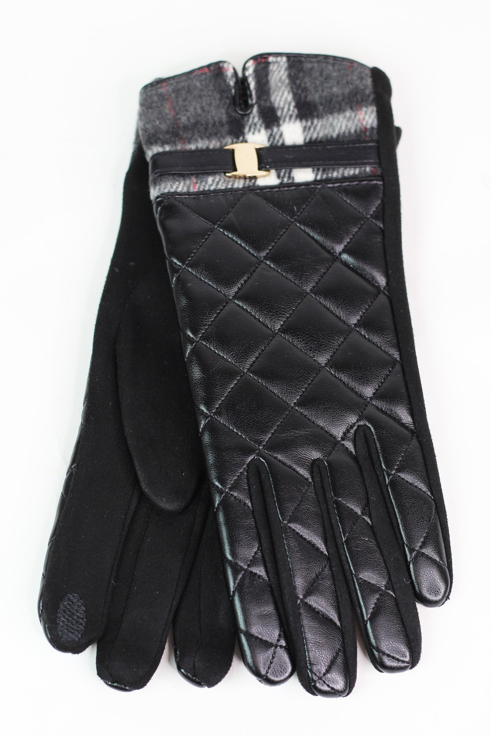 Quilted Faux Leather Gloves w/ Plaid Trim
