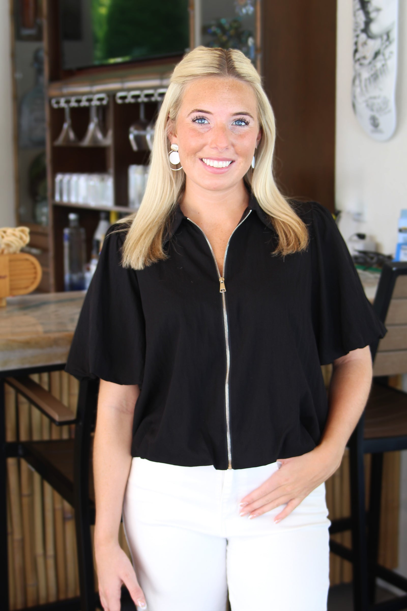 Puff Short Sleeve Zip Top w/ Bubble Hem