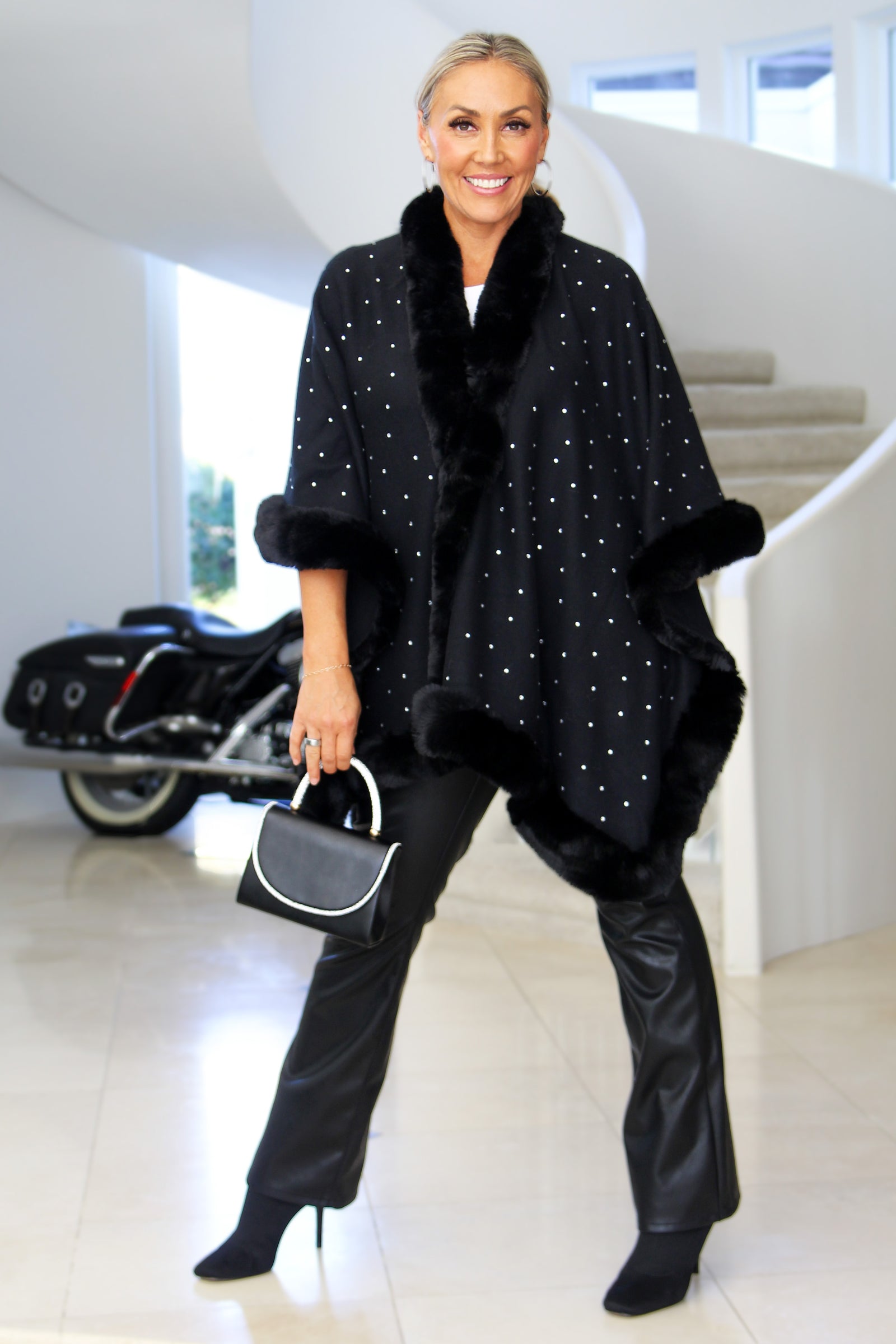 Rhinestone Embellished Faux Fur Cape