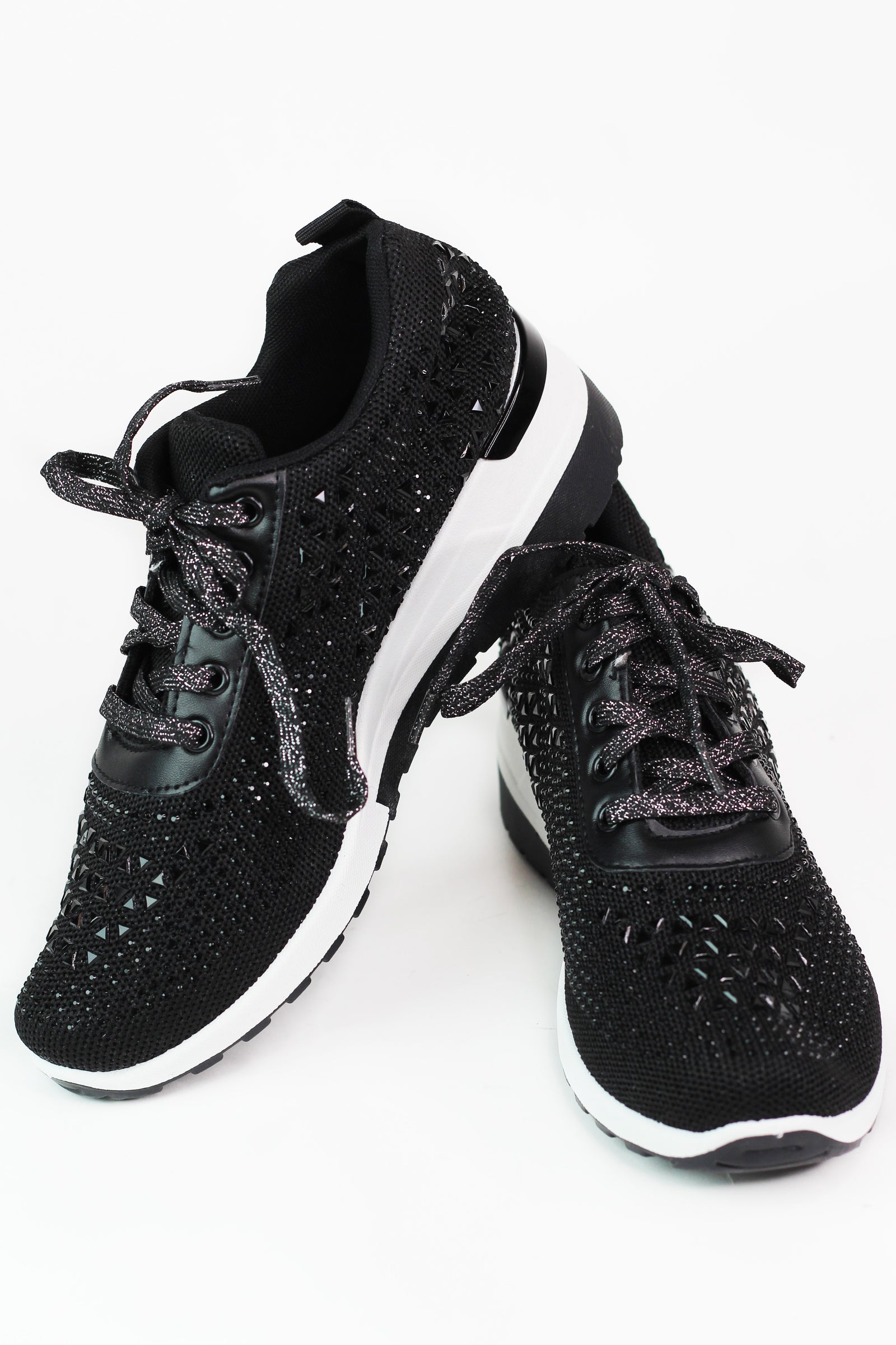 Lace Up Elastic & Rhinestone Upper Sneaker w/ Wedge Heel