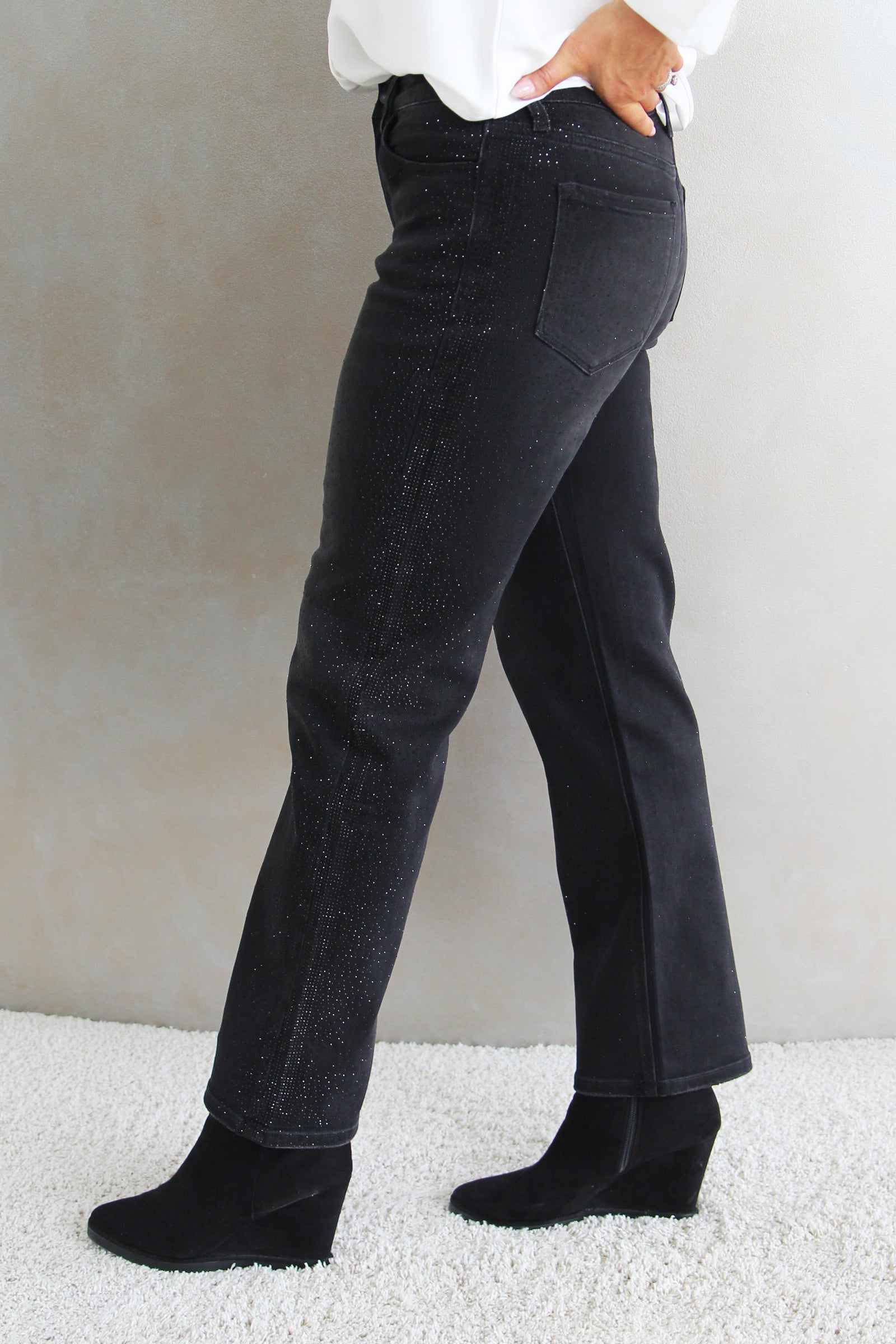 High Rise Slim Wide Leg Jeans w/ Scattered Rhinestones