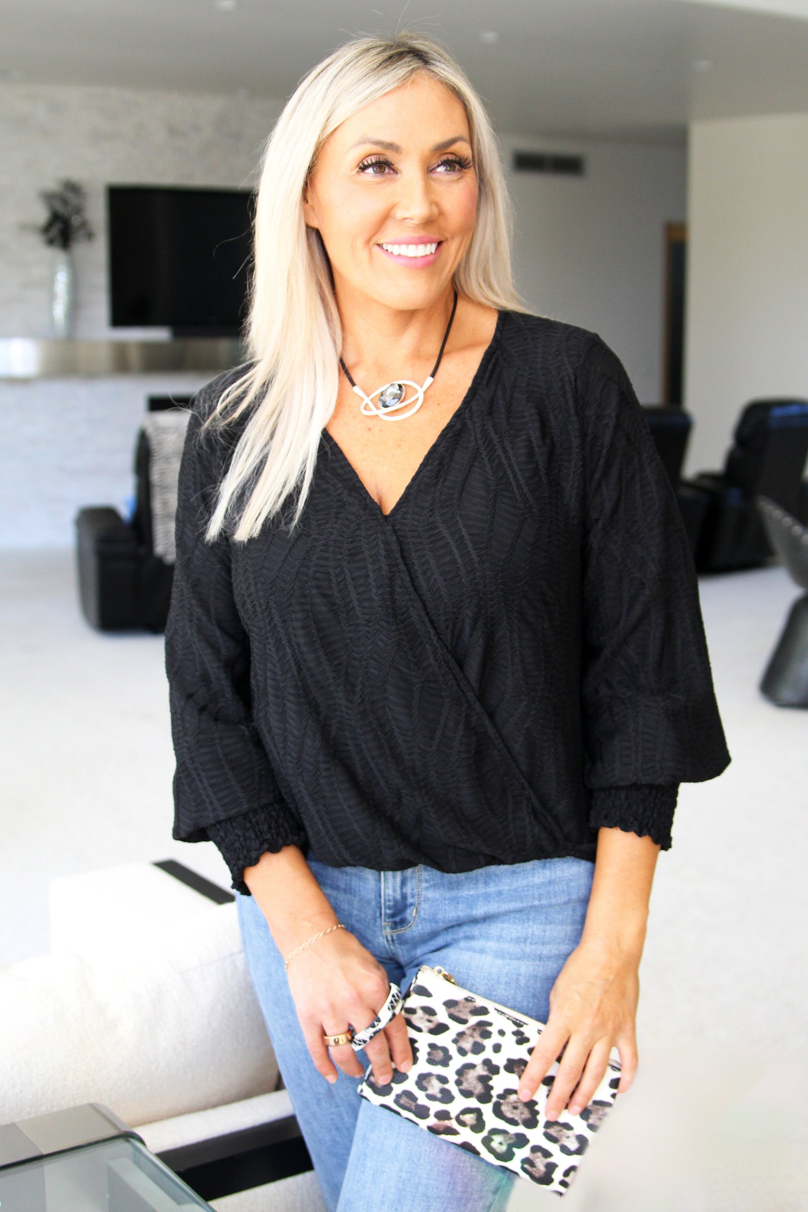 Textured Front Crossover w/ Fitted Wrist Top - Glitz & Ears Boutique