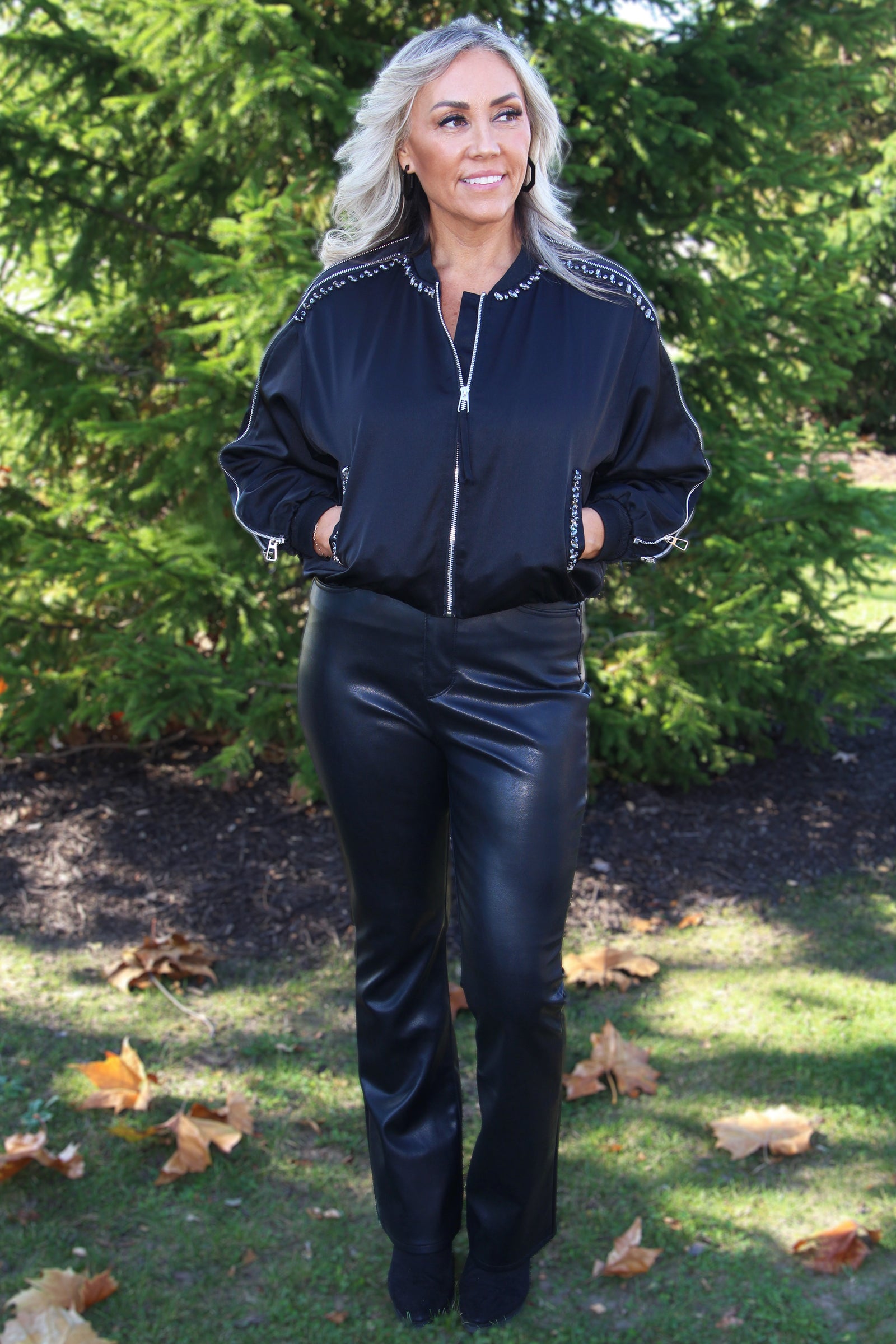 Satin Jacket w/ Zippers & Stone Trim
