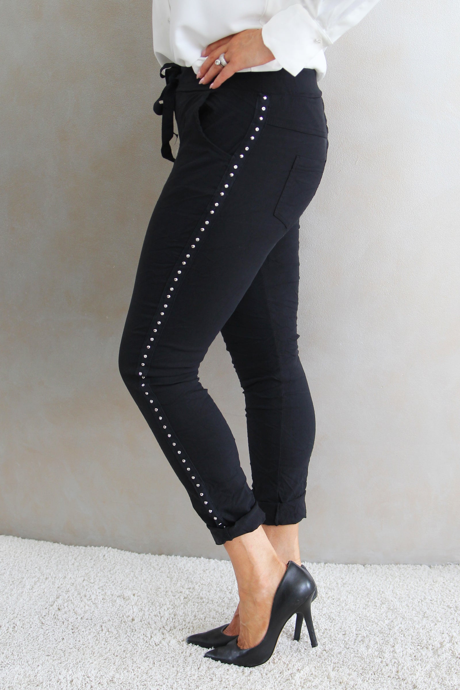 Crinkle Pants w/ Rhinestone & Stud Side Trim