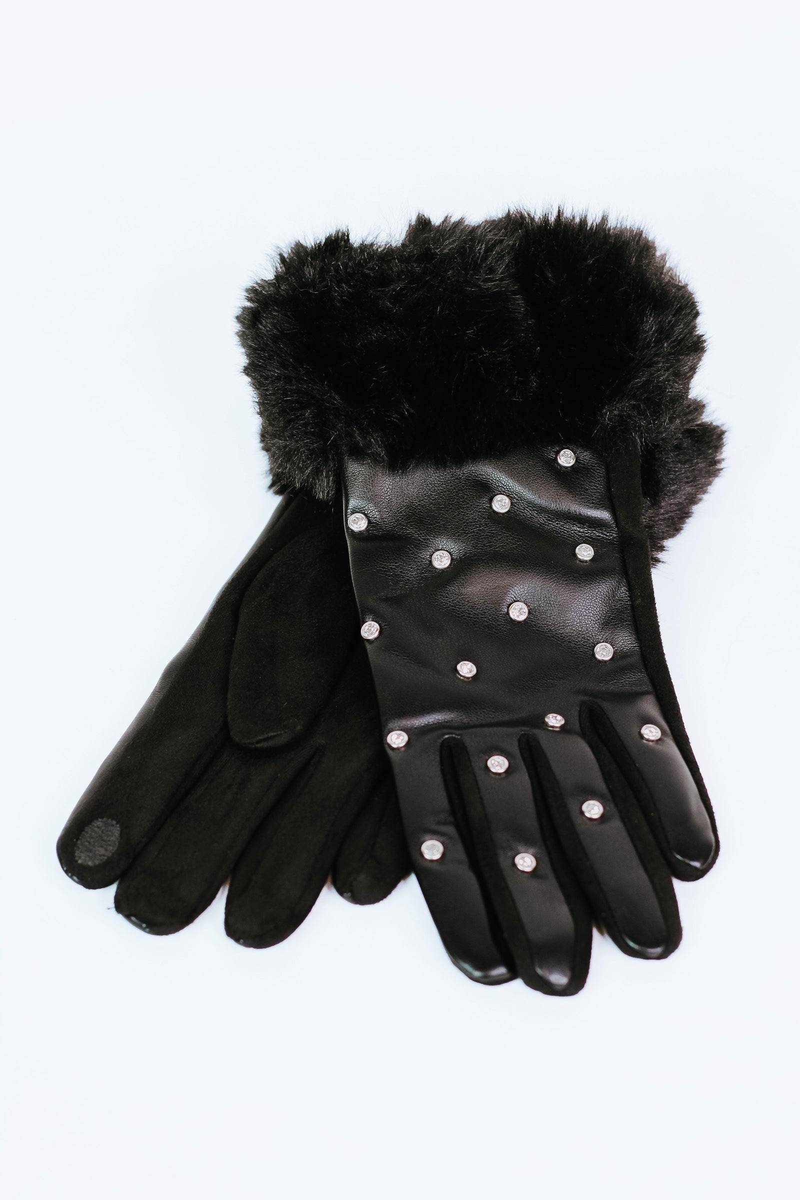 Rhinestone Studded Gloves w/ Faux Fur Cuffs
