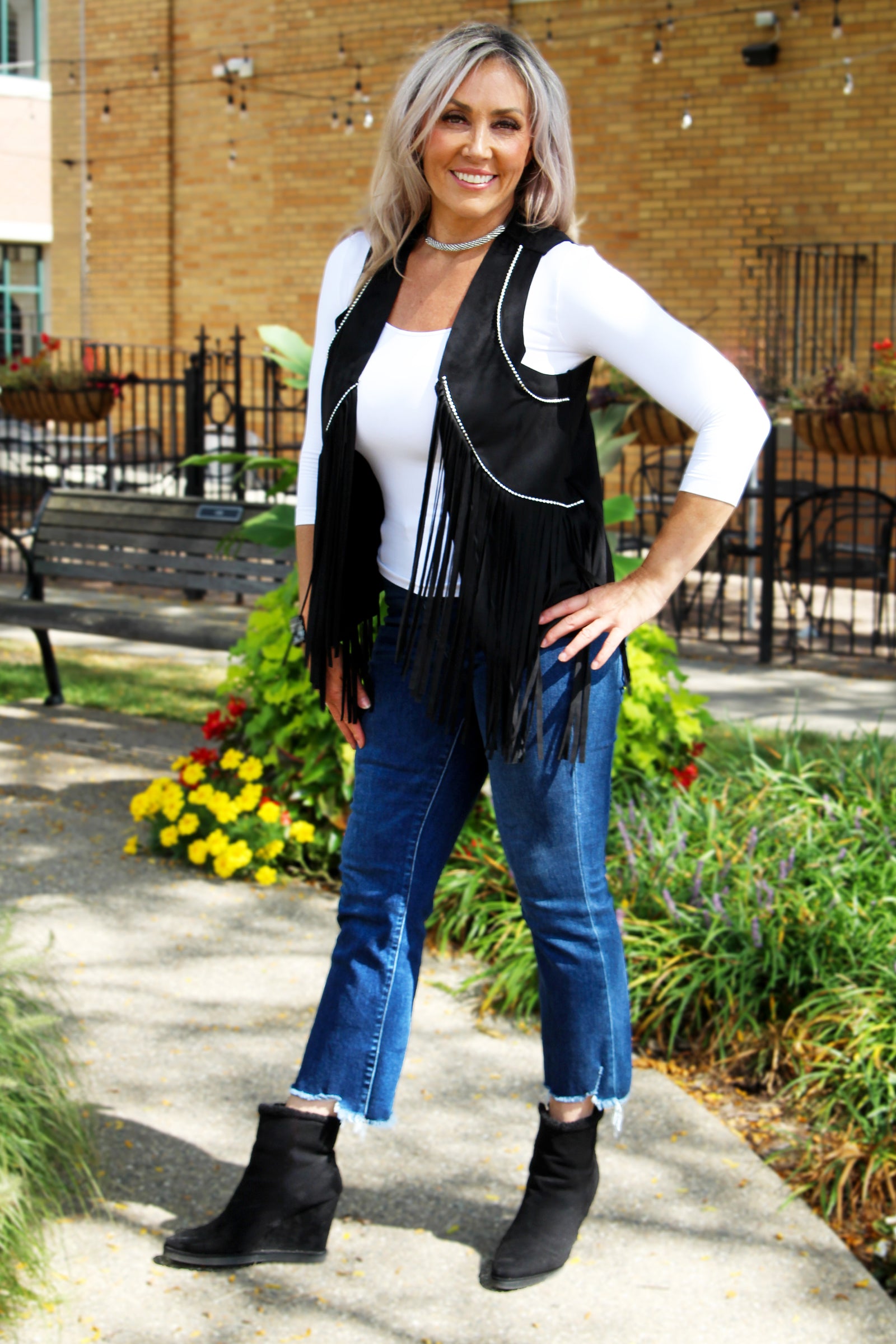 Suede Fringe Vest w/ Rhinestone Detail