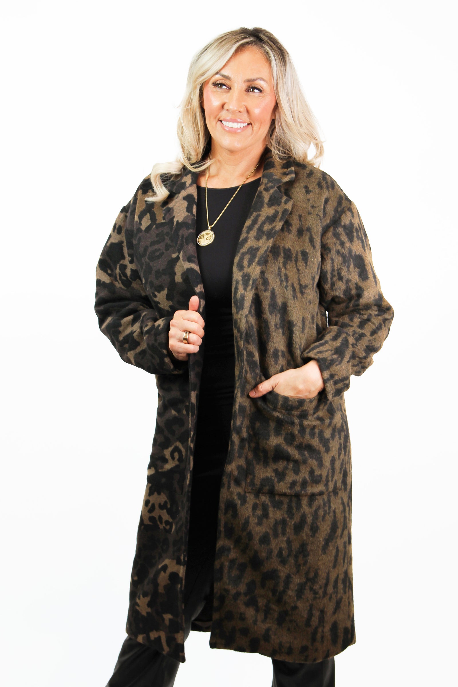 Blocked Animal Print Coat w/ Front Pockets