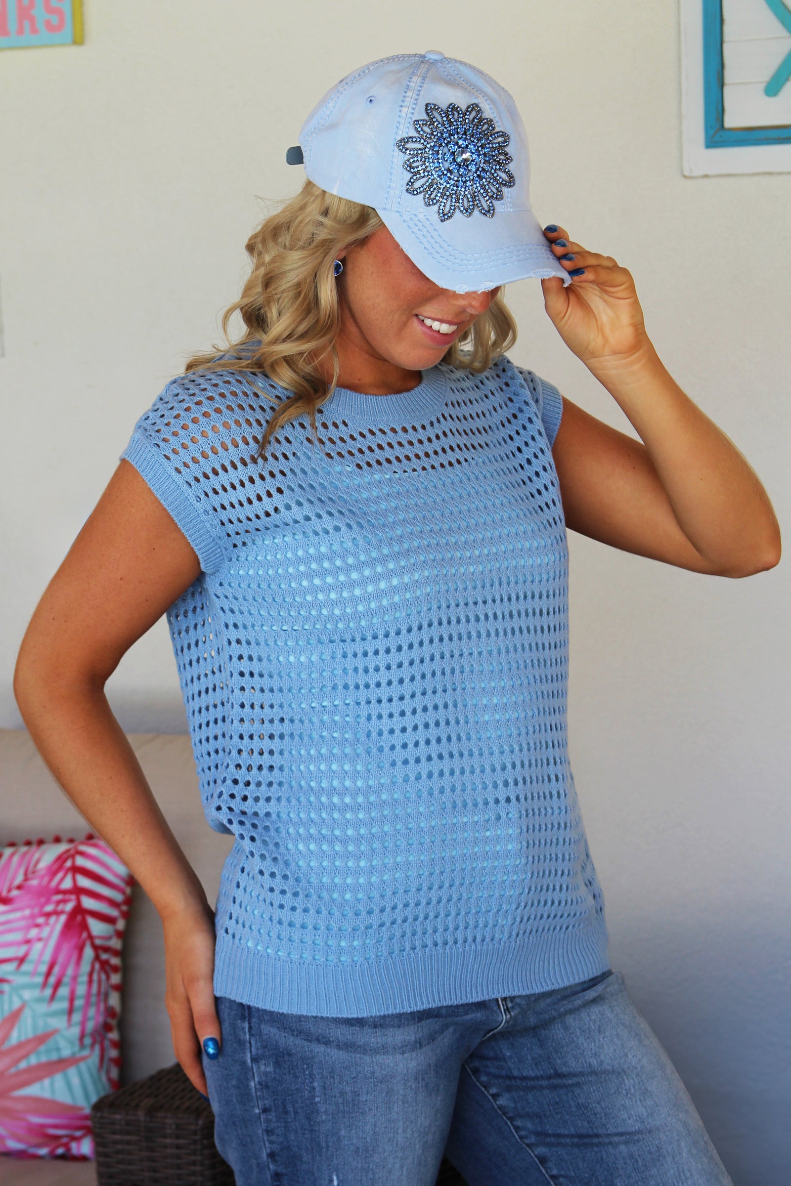 Open Knit Sleeveless Sweater Top