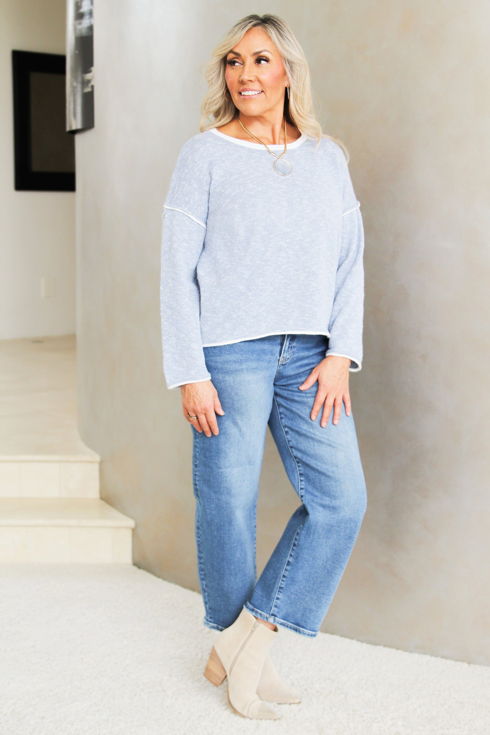 Long Sleeve Round Neck White Trim Cozy Knit Sweater