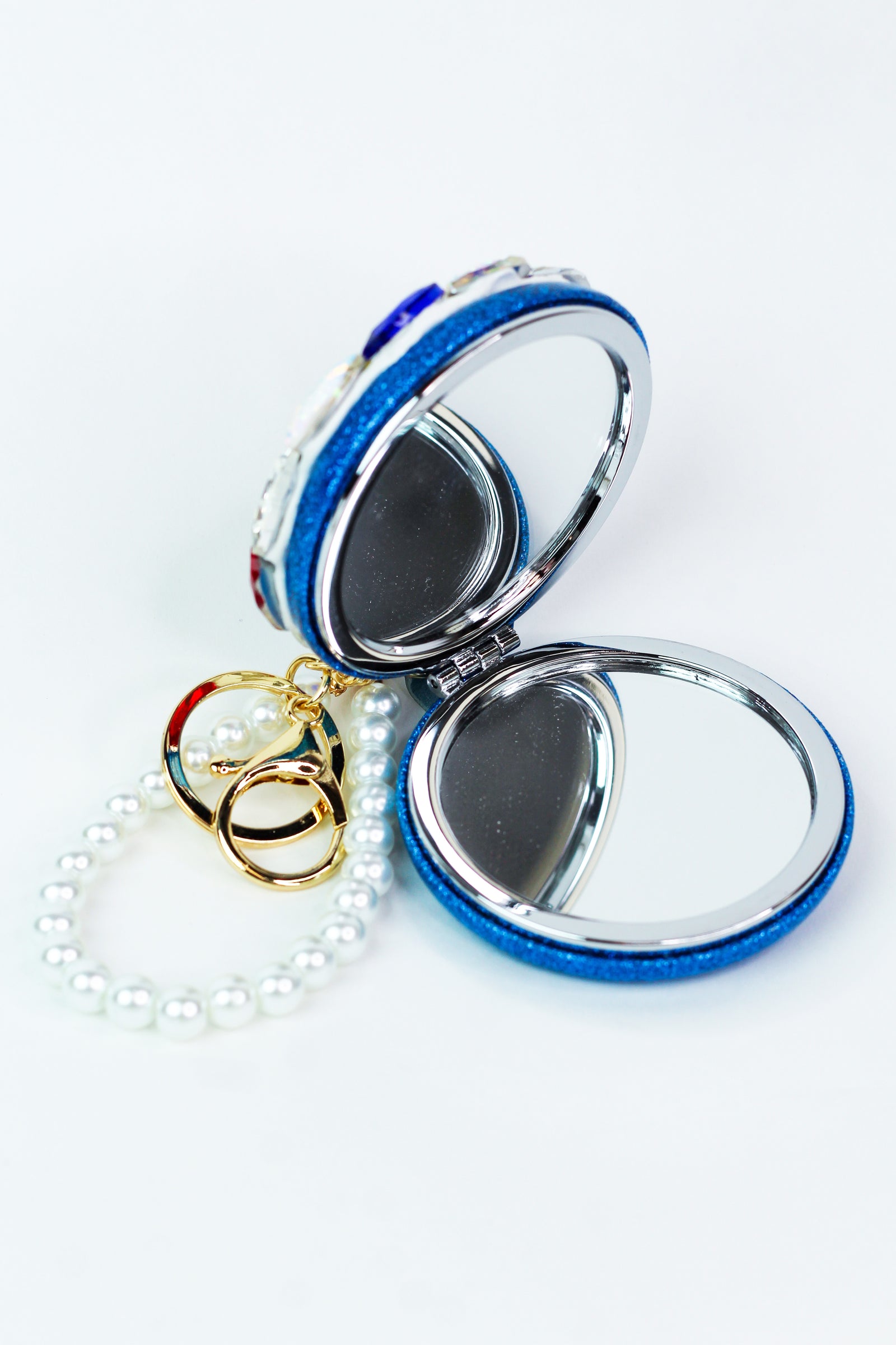 USA Rhinestone & Pearl Mirror Compact Wristlet Keychain